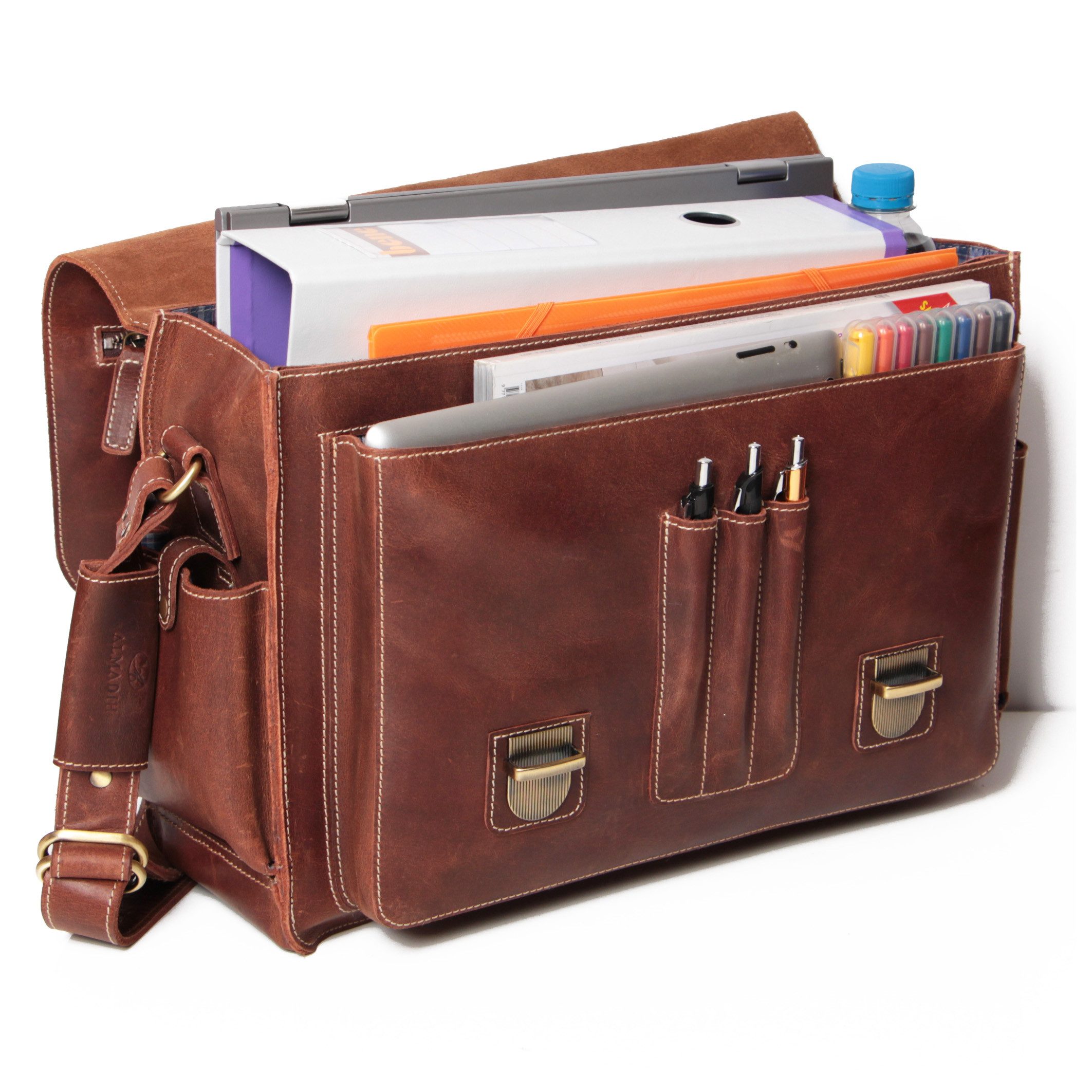 ALMADIH Aktentasche Leder Herren Businesstasche 17 Zoll Lehrertasche Unitasche Braun