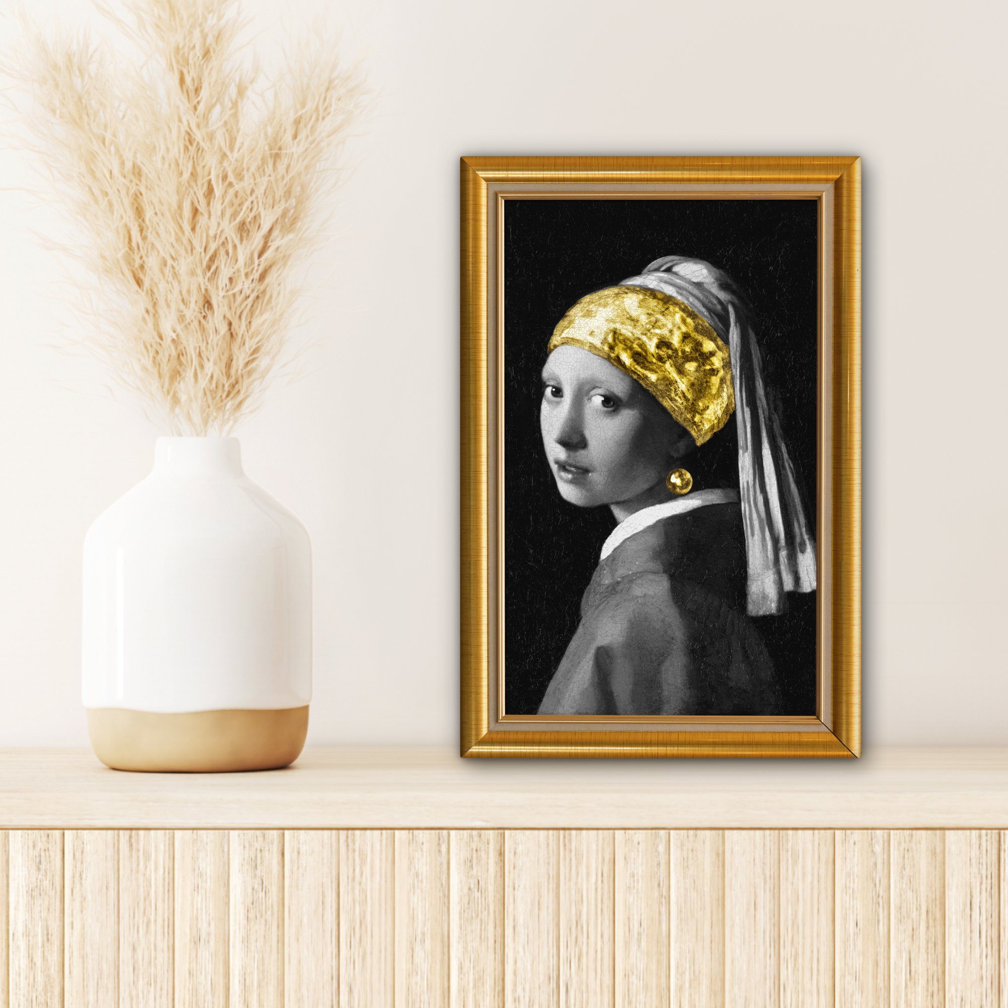 inkl. OneMillionCanvasses® Vermeer - cm Mädchen Leinwandbild Perlenohrring Gemälde, 20x30 - - mit bespannt (1 fertig Zackenaufhänger, Rahmen, St), Leinwandbild Gold
