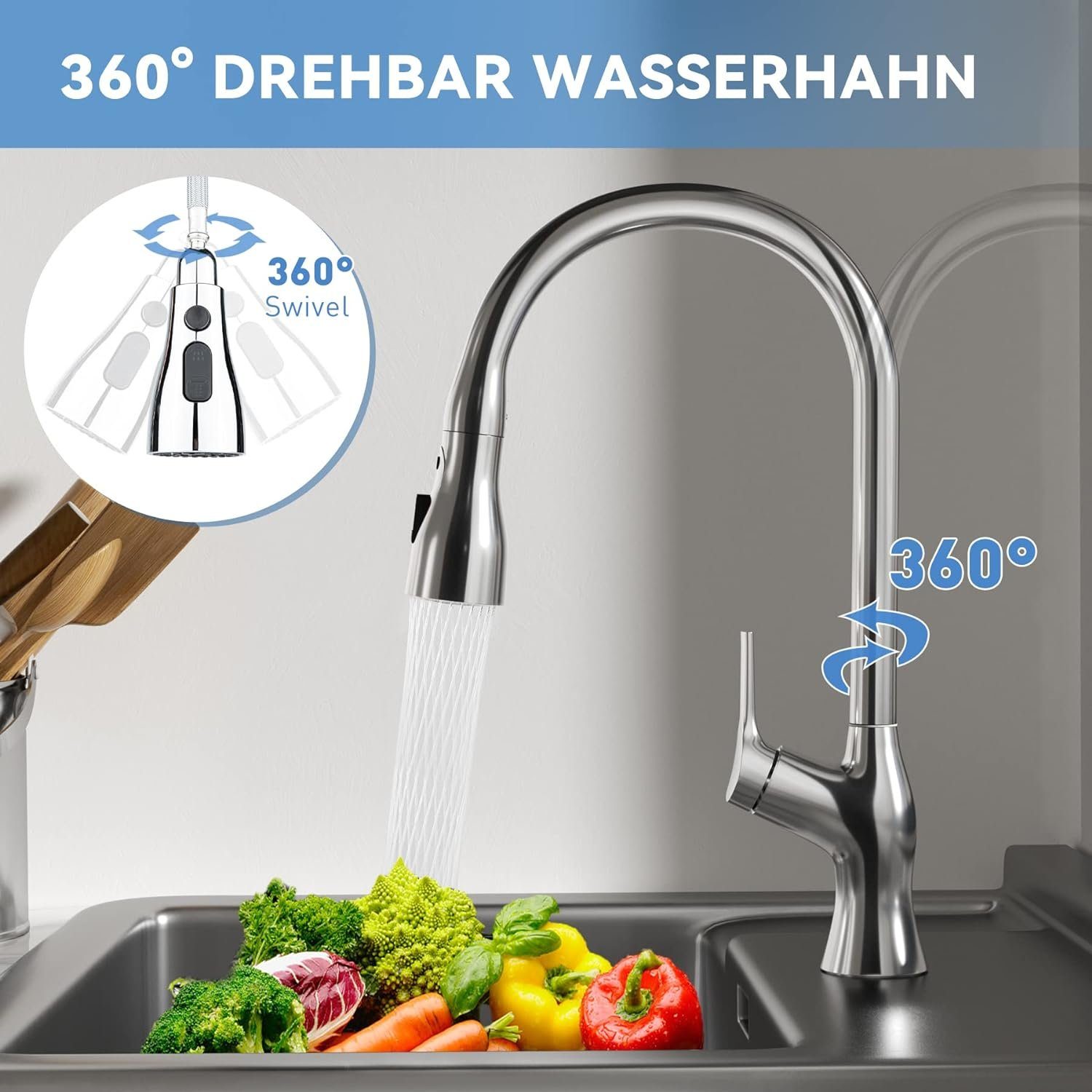 Material, 360° Küchenwasserhahn, Küchenarmatur Diyarts Leistung Drehbar) Hochwertiges Langlebige (Hochwertiger Drei-Wege-Strahl,