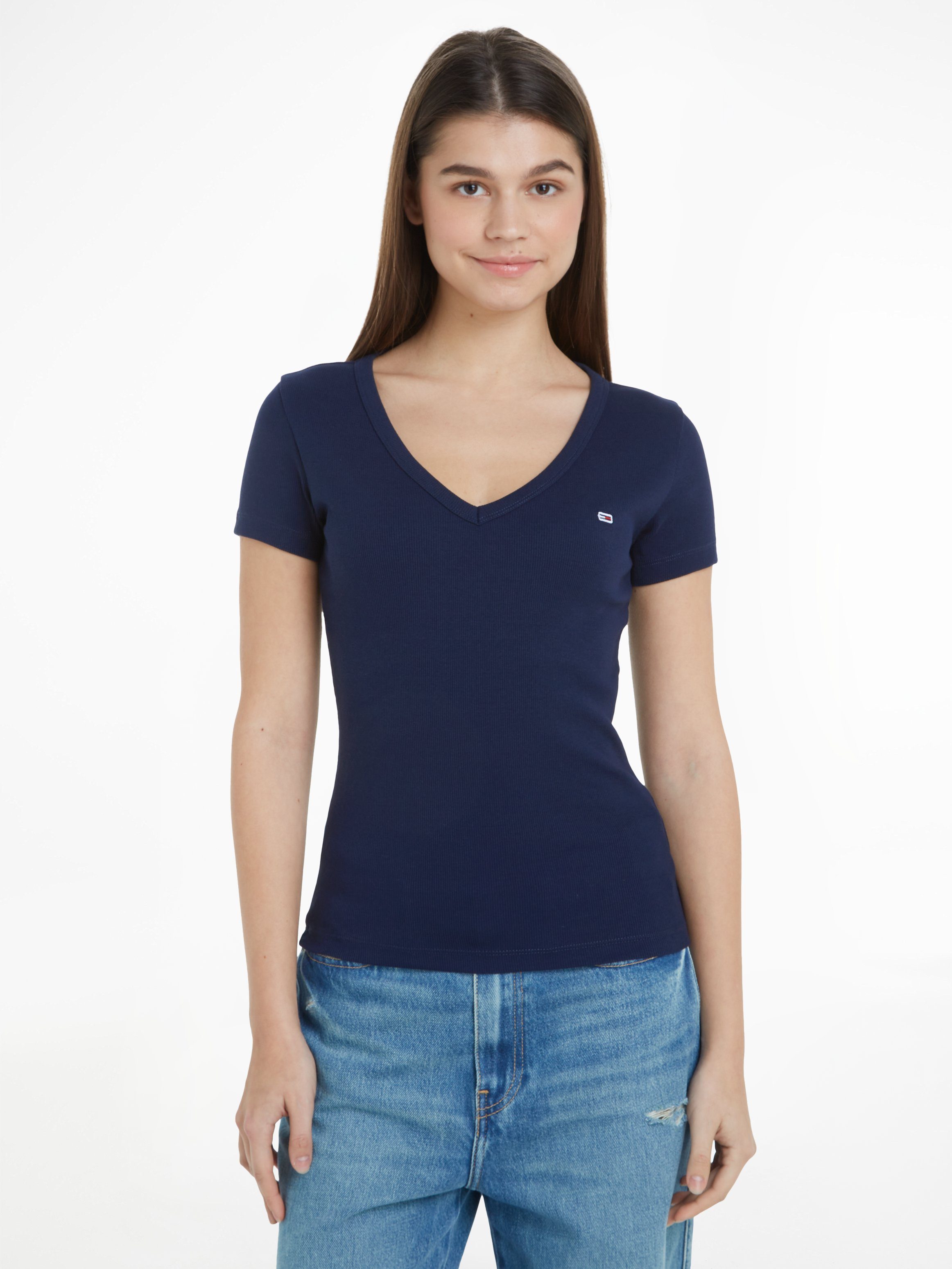 Tommy Jeans T-Shirt Slim Essential Rib V-Neck Rippshirt mit Logostickerei