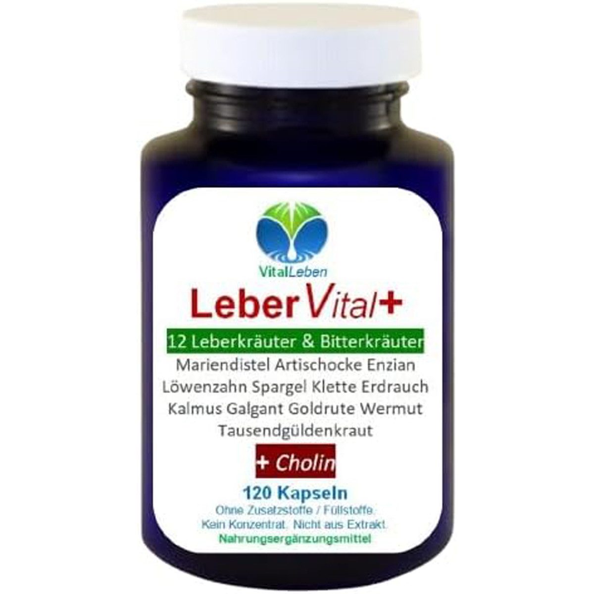 VitalLeben LeberVital Komplex 12 Kräuter & Bitterstoffe mit Cholin Ohne Zusätze - Kapseln, 1 er Dose à 120 St., 57,6 g, Art. 26454-120