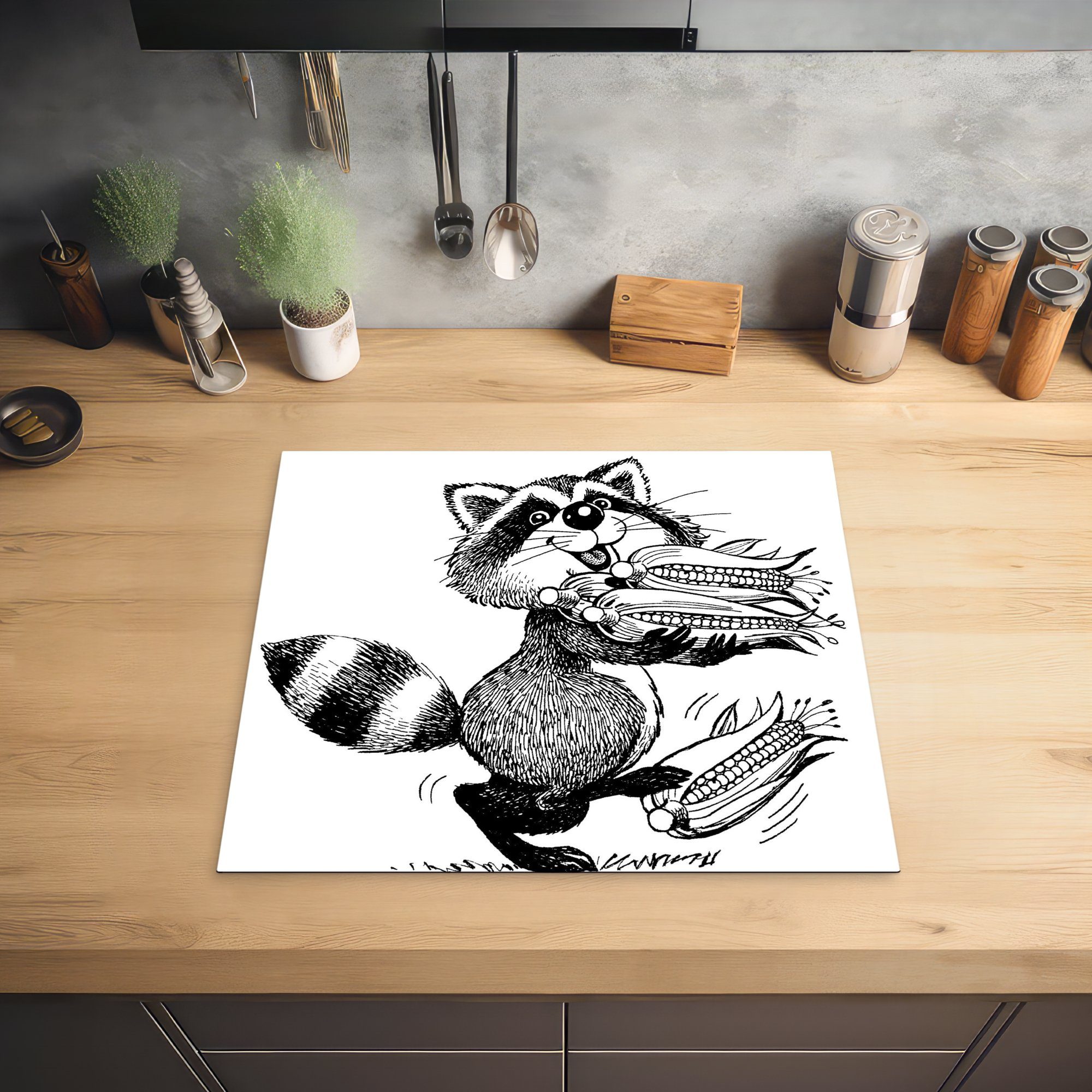 Mobile Herdblende-/Abdeckplatte Vinyl, tlg), MuchoWow Arbeitsfläche Waschbären nutzbar, Illustration (1 eines 60x52 Maiskolben, mit cm, Ceranfeldabdeckung