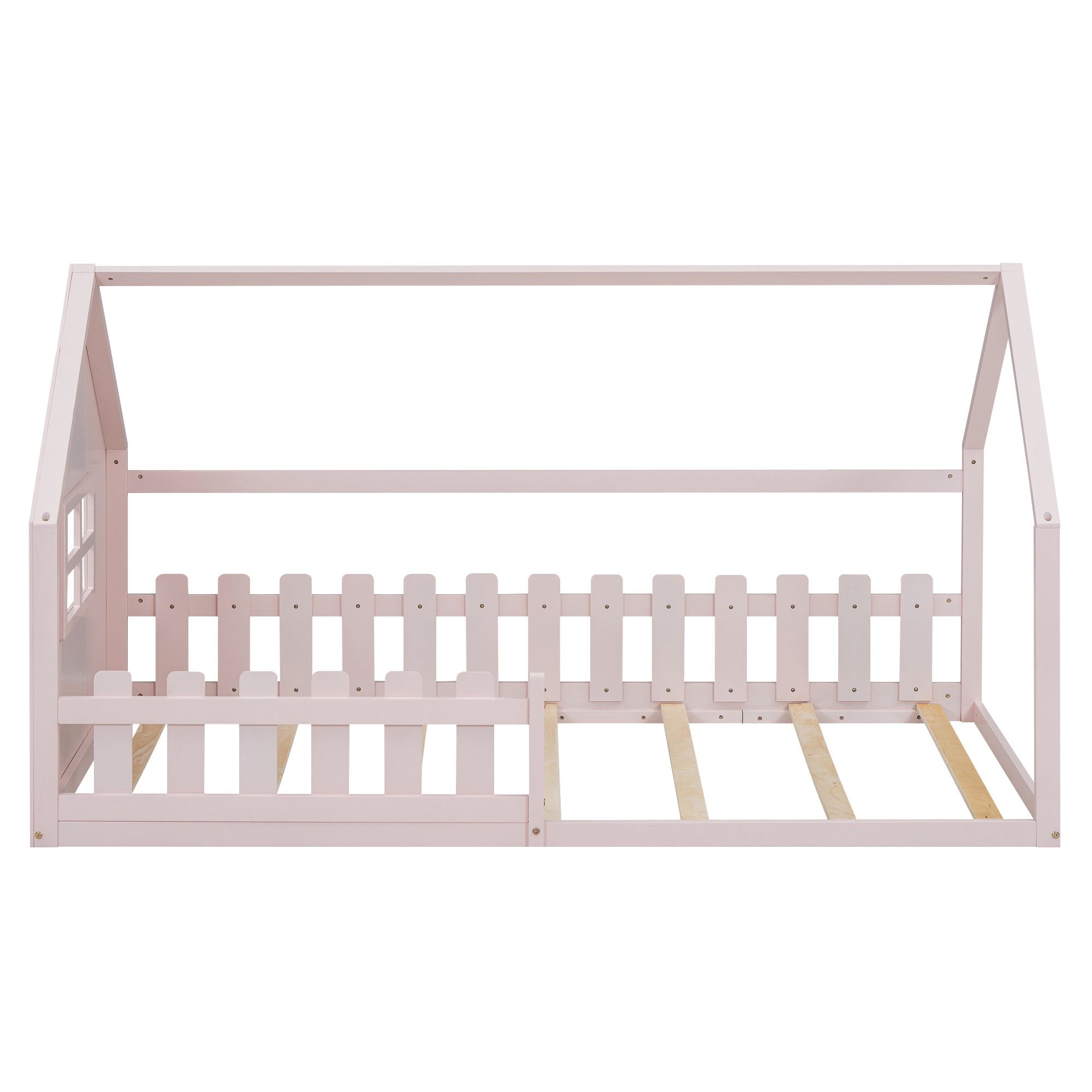 Flieks Massivholzbett, Kinderbett Hausbett Einzelbett 90x200cm mit Lattenrost und Zaun