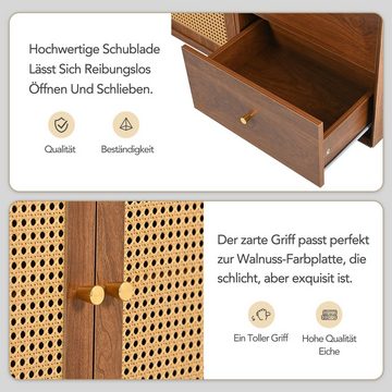 HAUSS SPLOE Sideboard Schubladenkommode, Sideboard Highboard Kommode (Kommode mit 3 Schubladen & 2 Türen, Anrichteschrank Rattan, Schrank modern Schubladenkommode mit Metallgriffe), für Schlafzimmer & Wohnräume & Büro