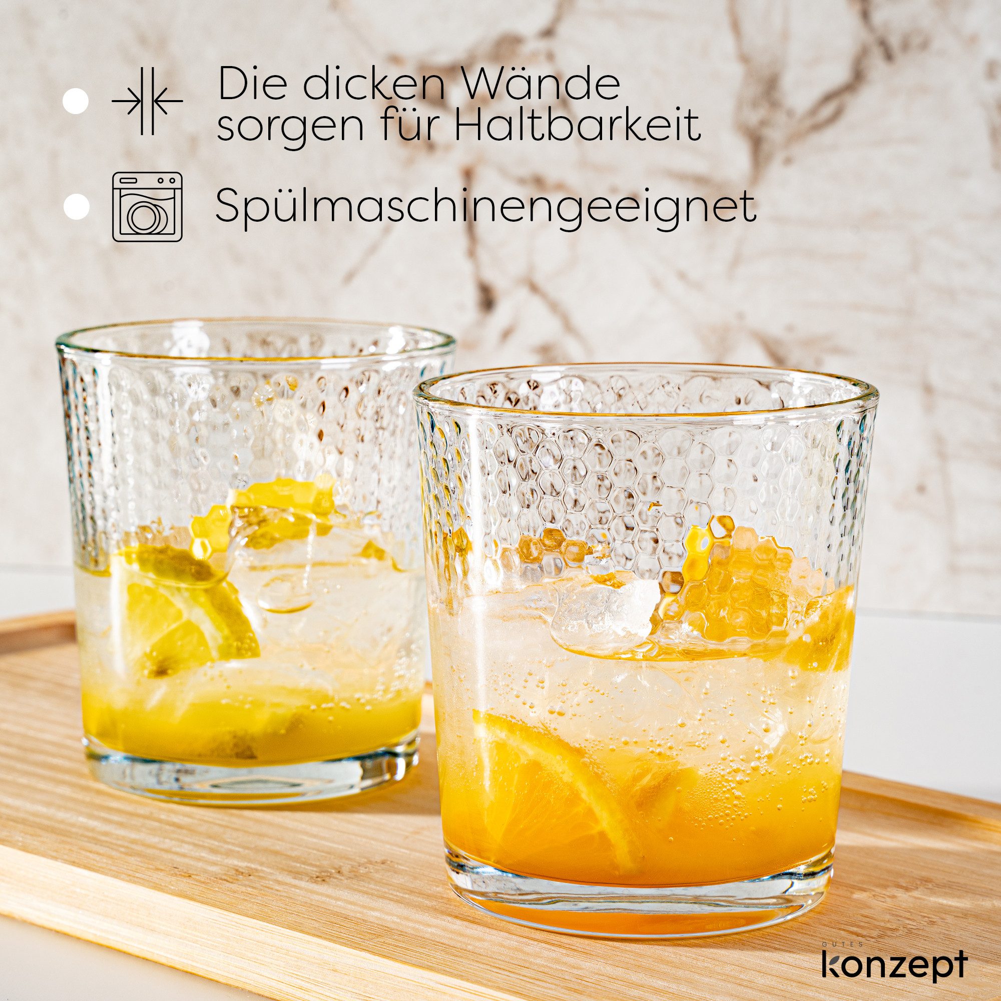 KONZEPT Gläser-Set Transparente Trinkgläser Set 365 ml 6 Stk. Stapelbar, 6-tlg., 6-teilig, Strukturierte Gläser Ideal für Wasser, Saft, Milch