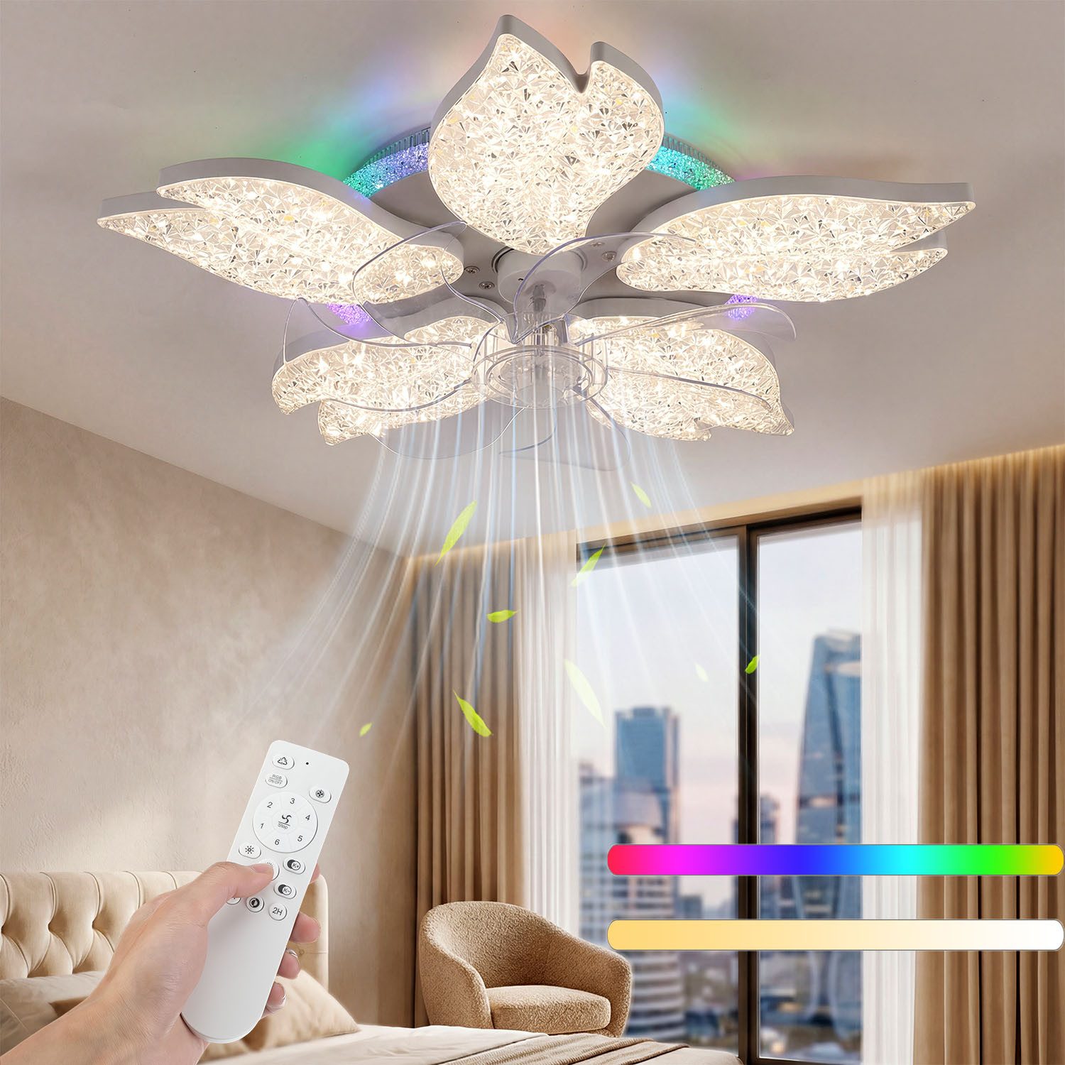 oyajia Deckenventilator Kristall Deckenleuchte mit RGB Hintergrundlicht,Leise Deckenventilator, 6 Geschwindigkeiten Ventilator, Deckenlampe mit RGB Farbwechsel Lampe
