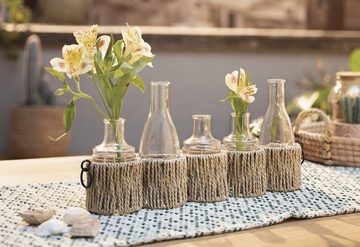 Dekoleidenschaft Tischvase "Flaschen" Vasenhalter aus Metall & Papierschnur, Vasenset mit 5, Glasvasen in Flaschenform, Tischdeko, Blumenvase, Flaschenvase