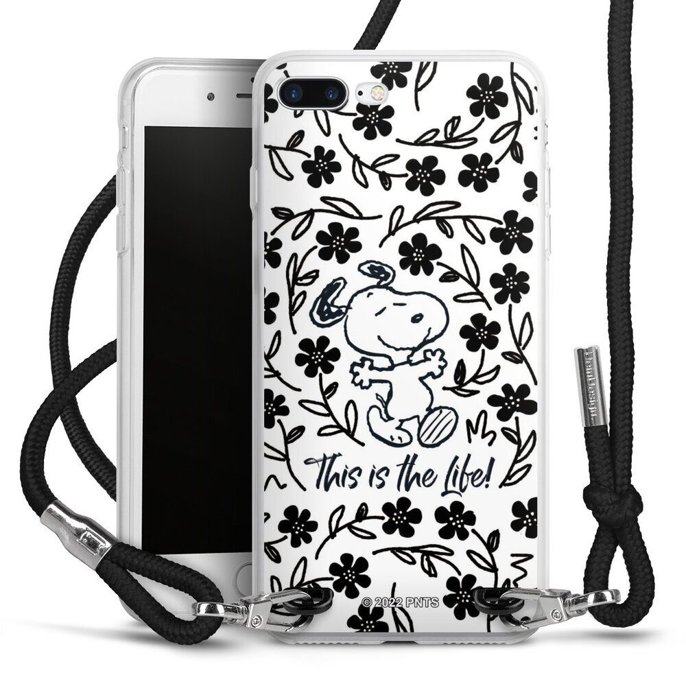 DeinDesign Handyhülle Peanuts Blumen Snoopy Snoopy Black and White This Is The Life, Apple iPhone 8 Plus Handykette Hülle mit Band Case zum Umhängen