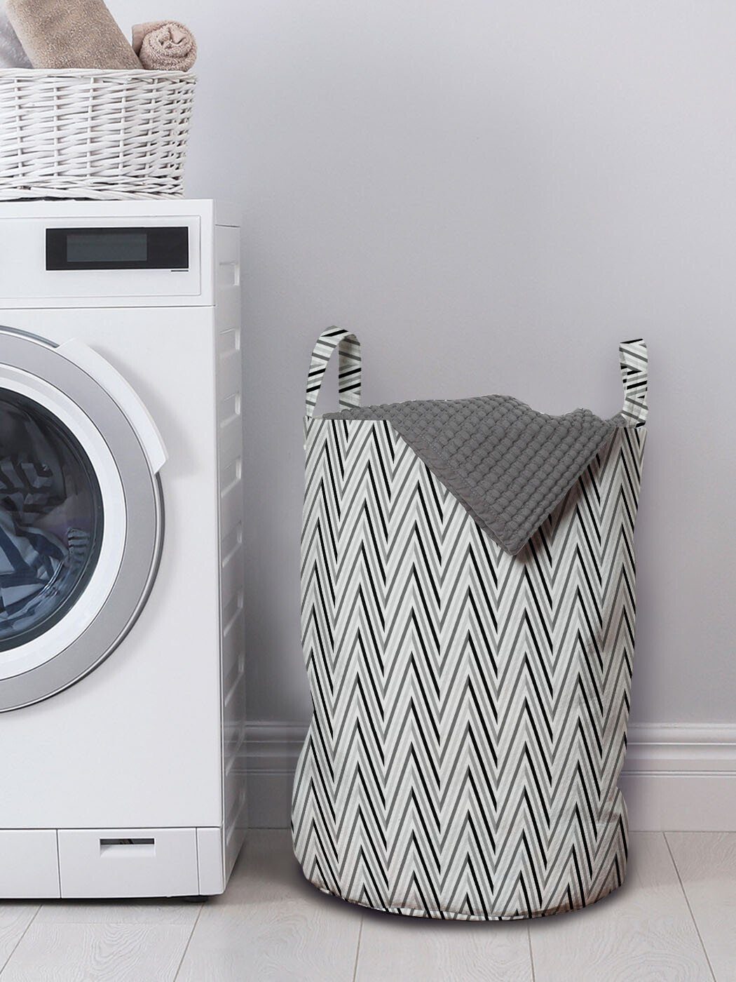 Abakuhaus Wäschesäckchen Wäschekorb mit grau Weinlese Chevron Klassische Waschsalons, Kordelzugverschluss Griffen für
