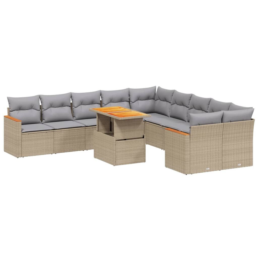 vidaXL Gartenlounge-Set 11-tlg. Garten-Sofagarnitur mit Kissen Beige Poly Rattan, (1-tlg)