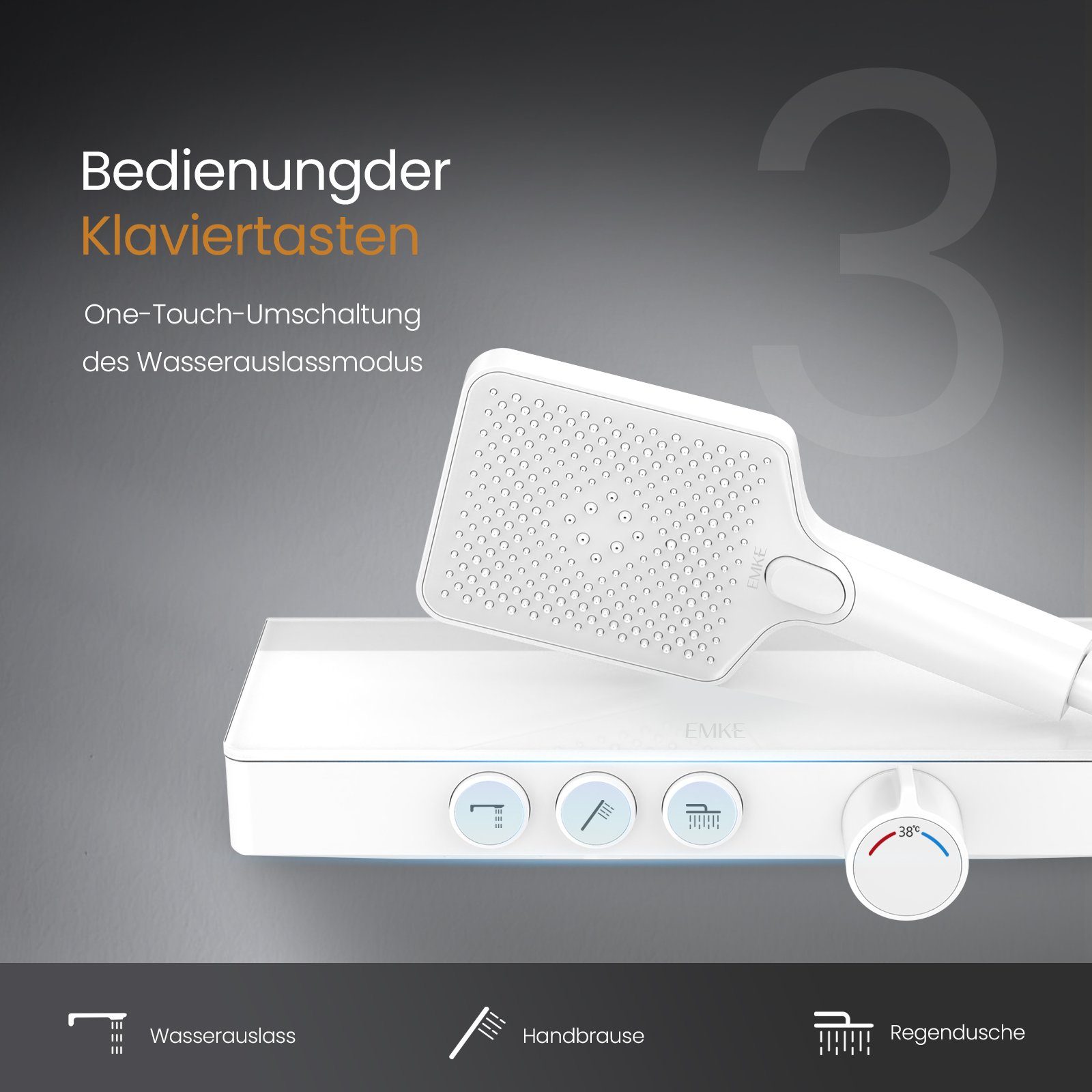 EMKE Duschsystem Duschset eckig mit Thermostat 38 °C, Regendusche und Handbrause, Chrom, 3 Strahlart(en), höhenverstellbar,mit 45cm Thermostatische Platte,Duschset