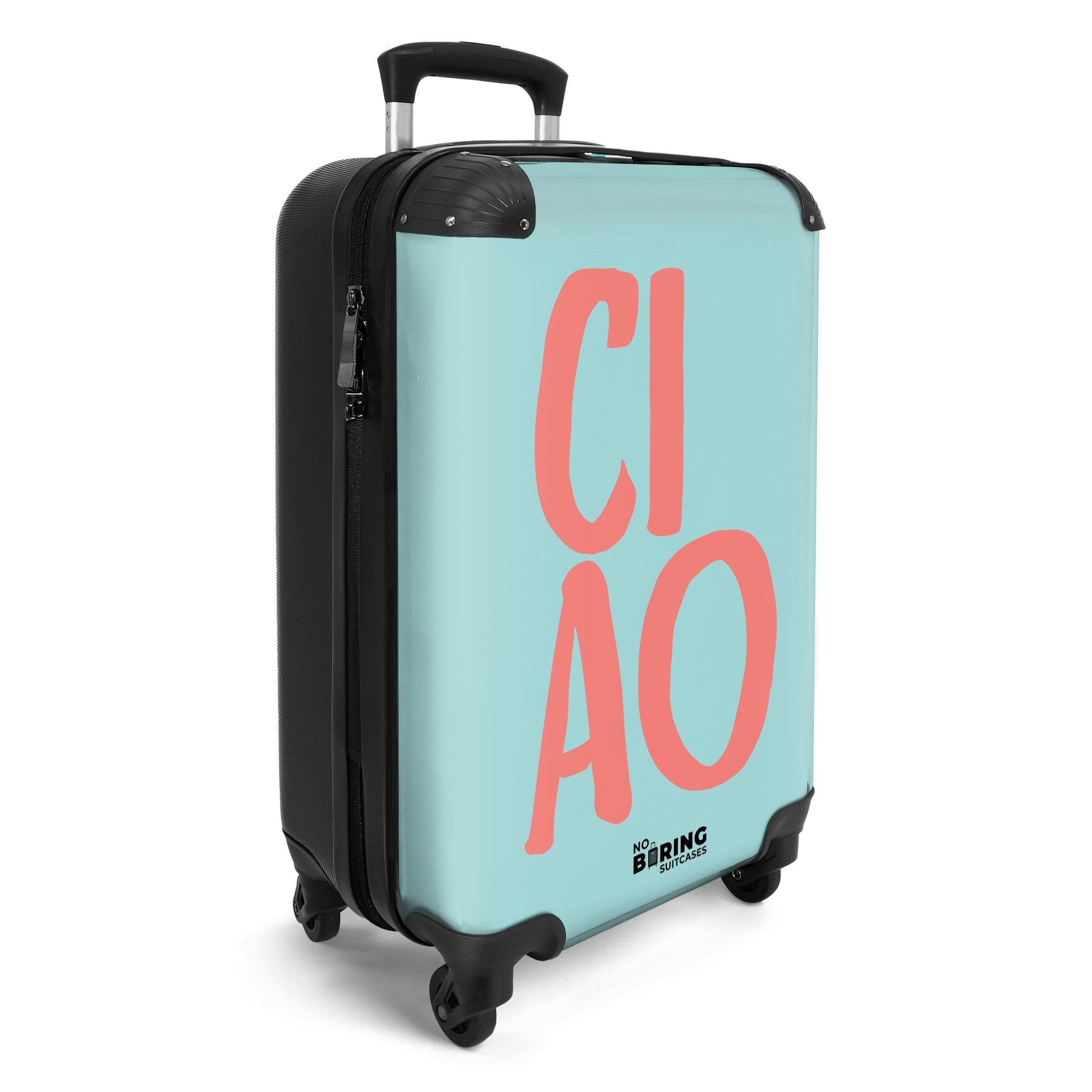 NoBoringSuitcases.com© Hartschalen-Trolley Blau mit rosa Zitat günstig online kaufen
