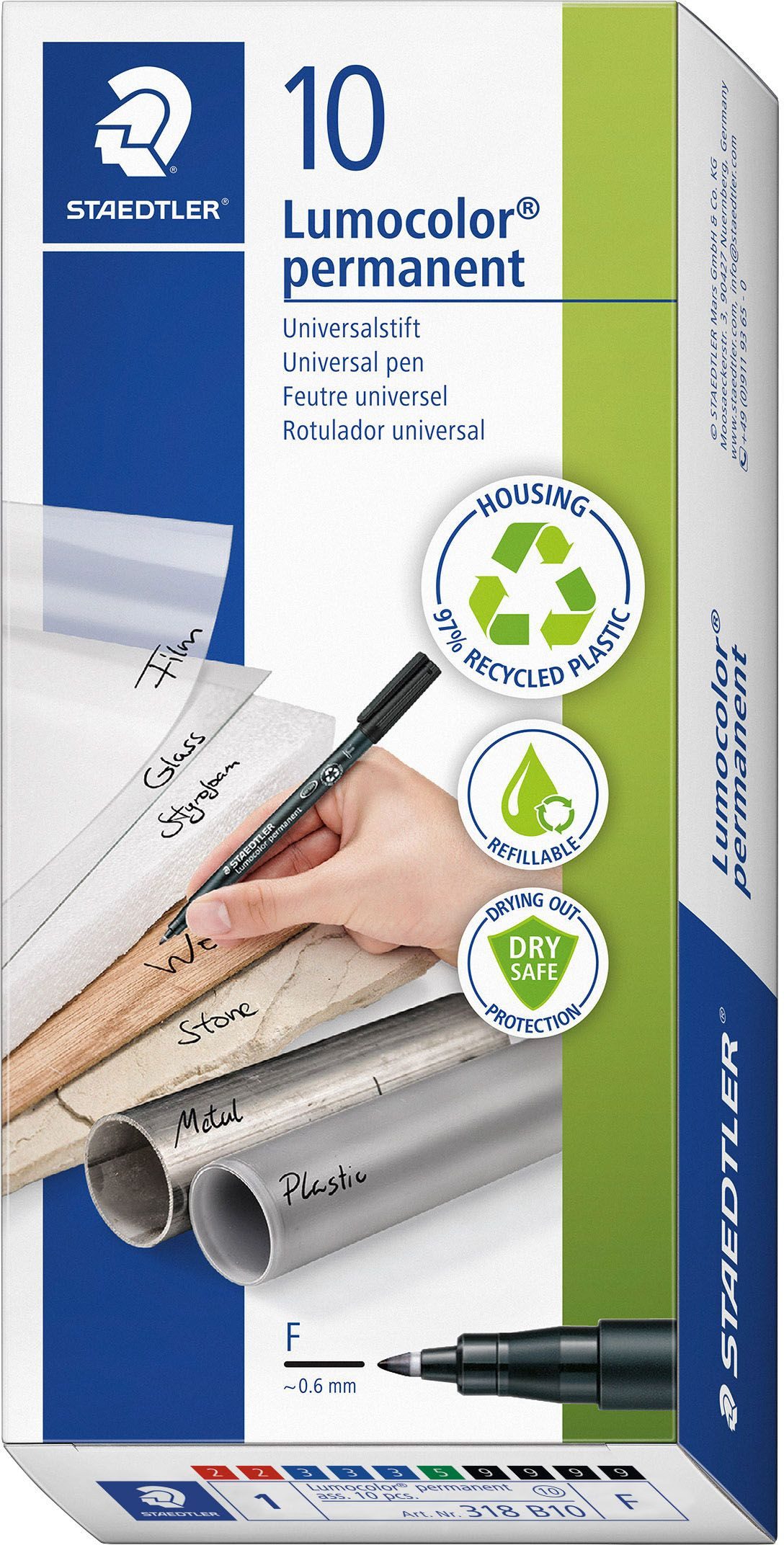 STAEDTLER Fineliner Folienschreiber Lumocolor F permanent farbig sortiert VE=10 Stück