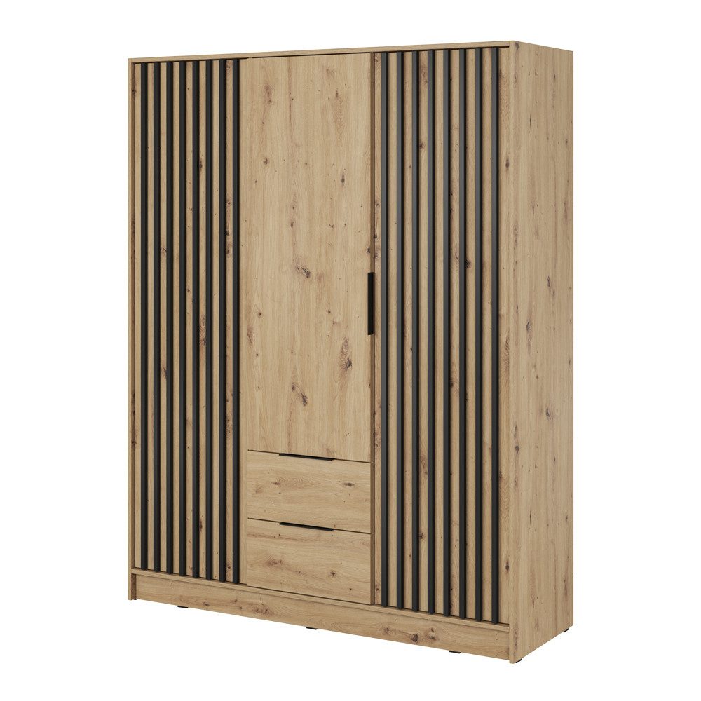 Lomadox Kleiderschrank NAMUR-160 in Eiche, 155 cm breit, mit schwarzen Lamellen, 3-türig