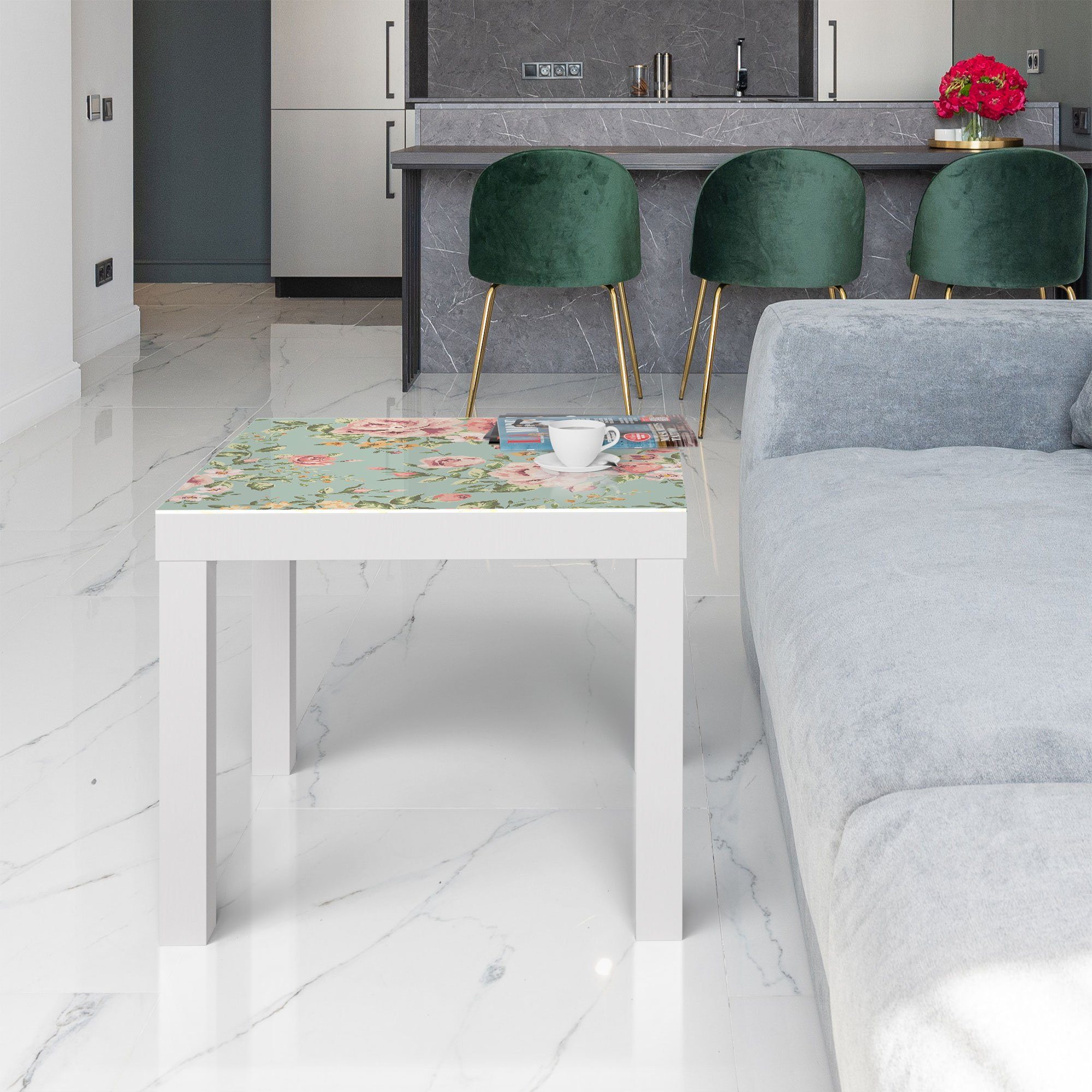 DEQORI Couchtisch 'Tapete mit Blumenmuster', Glas modern Beistelltisch Weiß Glastisch