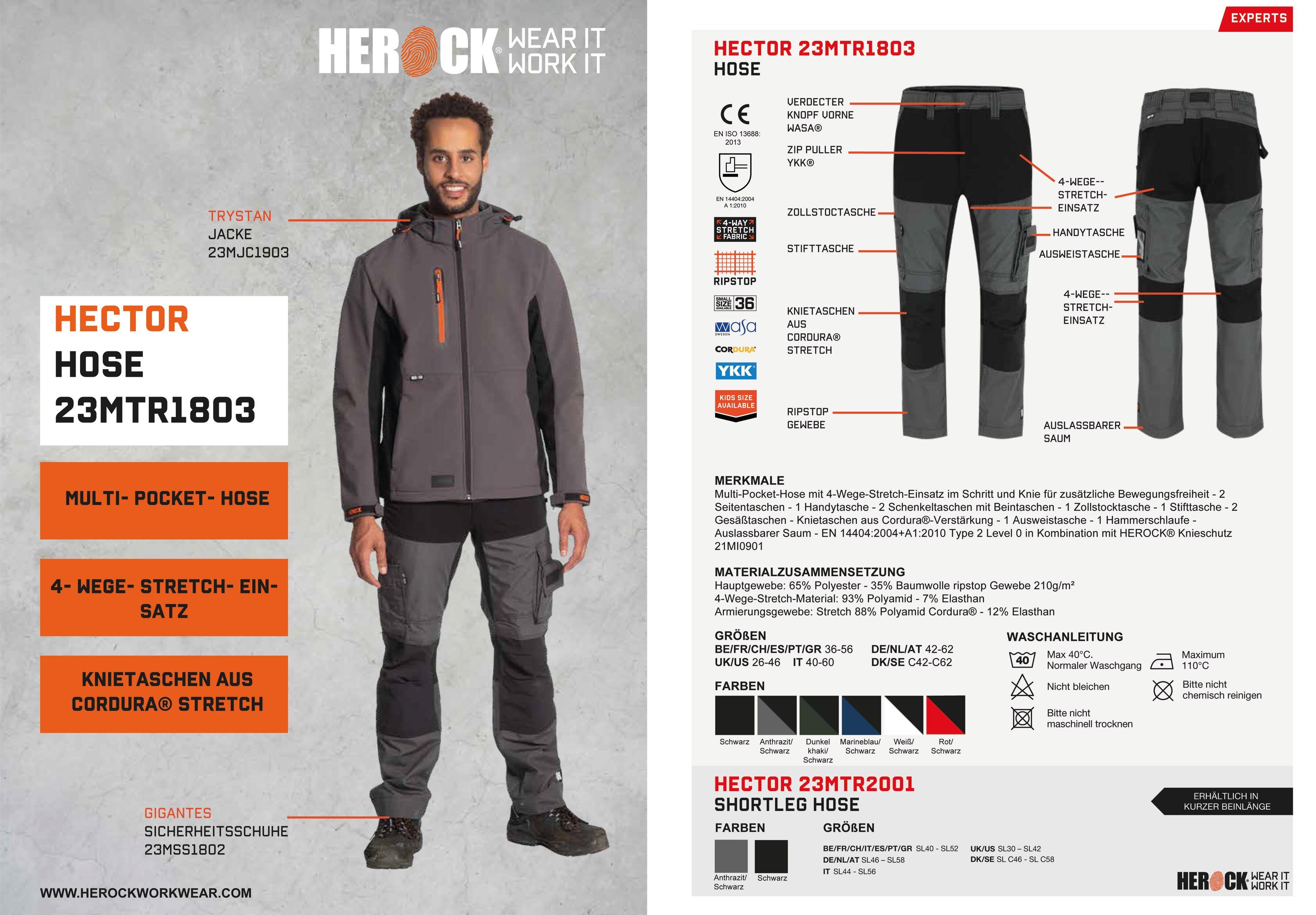 Herock verstärkte Arbeitshose Hector grau 4-Wege-Stretch, Knopf, verdeckter Hoses Multi-Pocket, Knietaschen