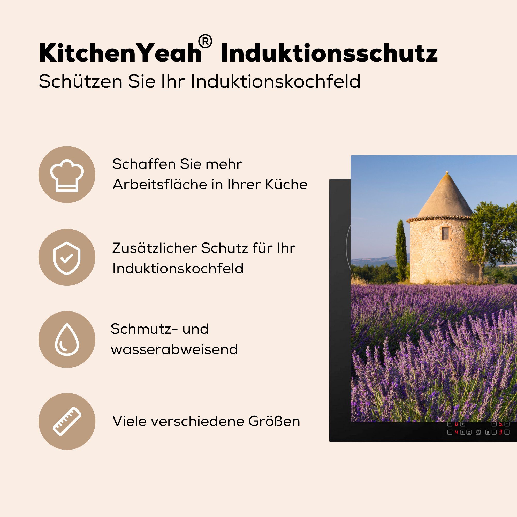 Vinyl, cm, 78x78 Arbeitsplatte Lavendelfeld Turm einem auf für (1 MuchoWow küche Frankreich, in Runder tlg), Herdblende-/Abdeckplatte Ceranfeldabdeckung,