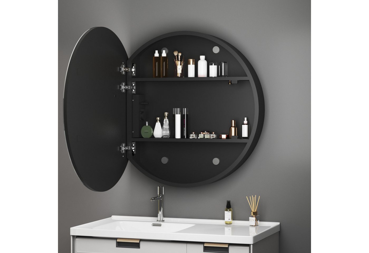 Thumbnail - WDWRITTI Badspiegel Spiegelschrank 80x80 Badschrank Schwarz Rund mit Steckdose 3Lichtmodi (Badezimmerspiegelschrank Wand...