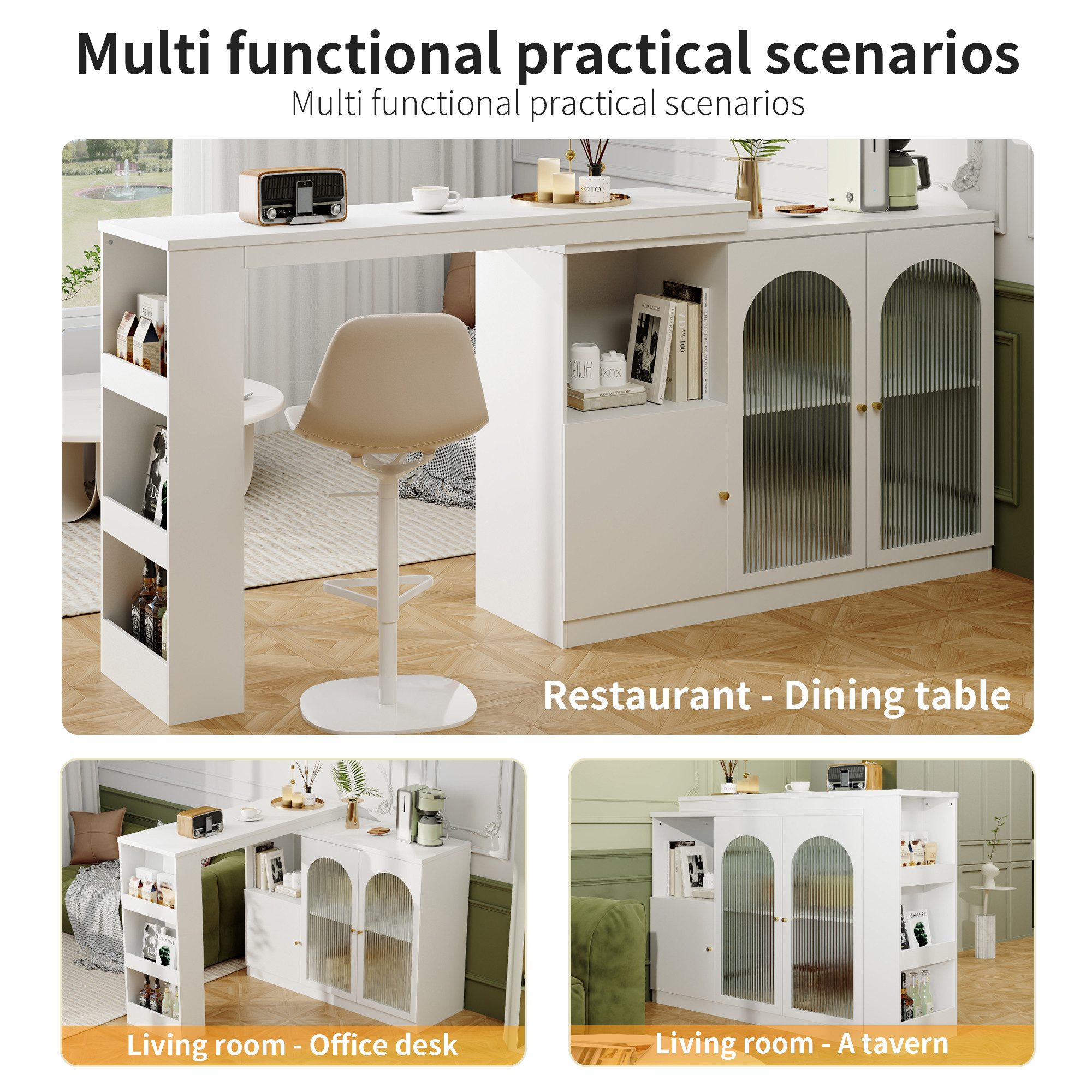 i@home Bartisch 360° drehbar, Esstheke, Kücheninsel mit Stauraum Sideboard (Bis 60 kg belastbar, Aufbewahrungsschrank mit Changhong-Glastür), Um 360° drehbarer,Hauptkörper 120 x 40 x 97 cm