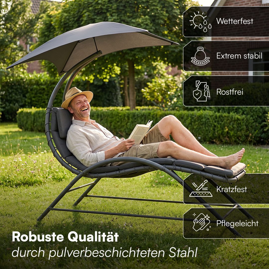 STEELSØN Gartenliege Nyria Sonnenliege mit Sonnendach, anthrazit, Liegestuhl mit Kissen, wetterfest, Relaxliege bis 120kg, Stahlgestell – Bild 4 von 5