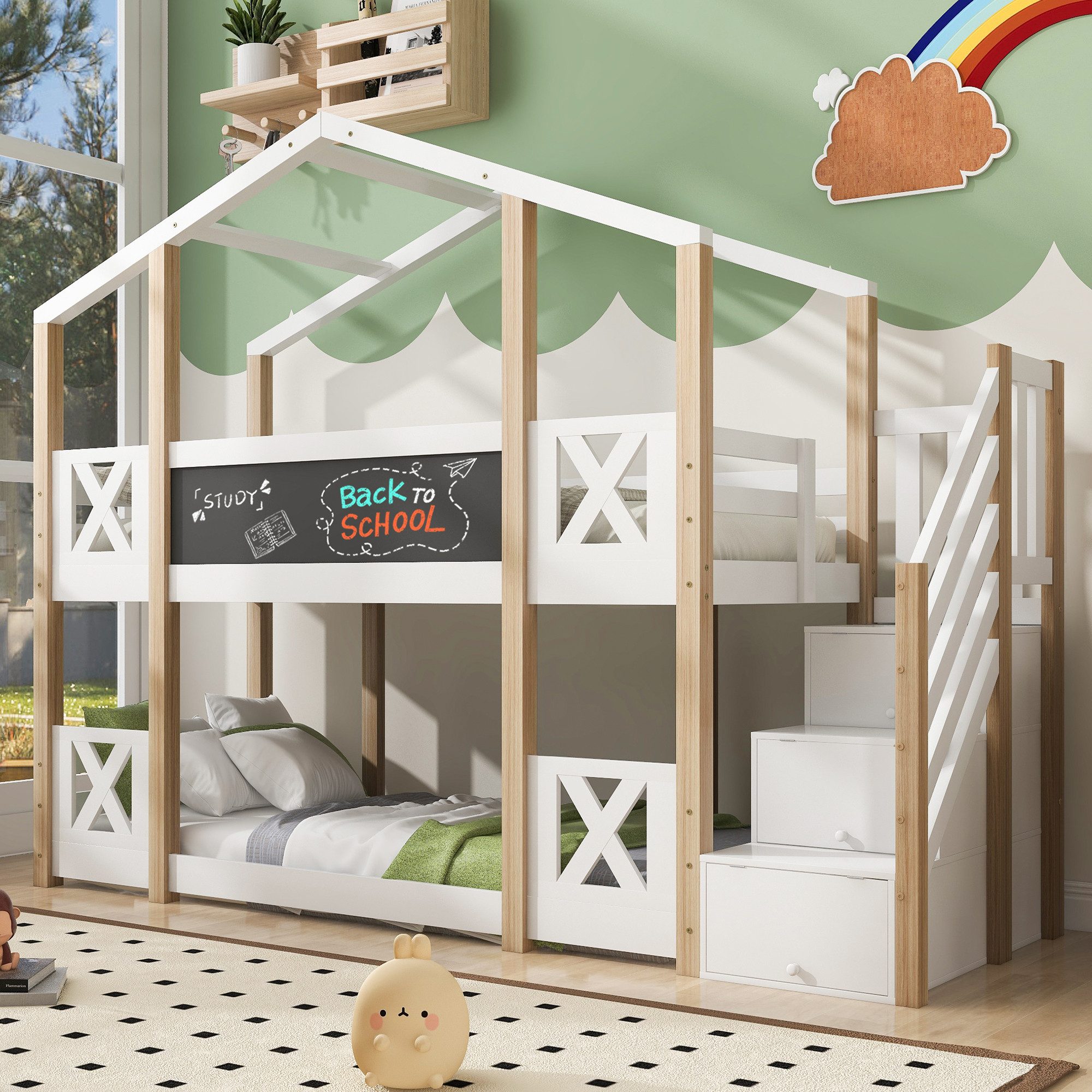 Rutaqian Hochbett Kinderbett Baumhaus mit Treppe Stauraum und Rausfallschutz, 90x200 cm (1-St) Hochbett für Kinder– 2x Lattenrost- Natur & Weiß