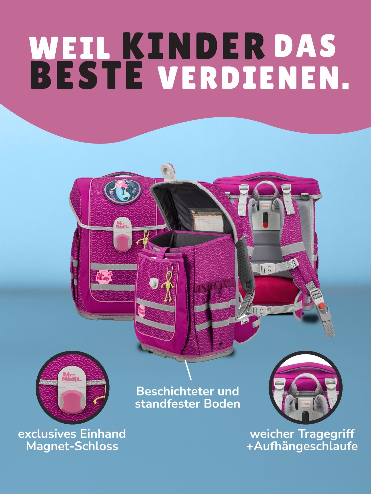 McNeill Schulranzen Ergo Complete 1.-4. Klasse ergonomisch, leicht, Volumen 20 Liter (Set, 6-tlg., inkl. Federmäppchen, Turnbeutel, Schlamper und Motivmagnet),  – Bild 5 von 5