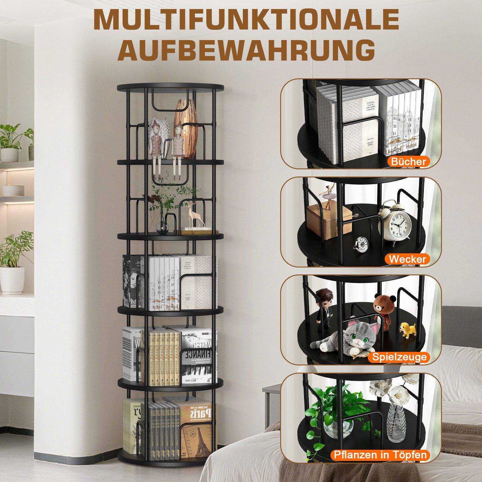 XERSEK Bücherregal 5 Ebenen 360° Drehbares Bookshelf Bodenstehendes Bücherschrank, 1.6m Aufbewahrungsregal Eckregal Spielzeugregal, für Kinderzimmer Wohnzimmer  – Bild 5 von 5