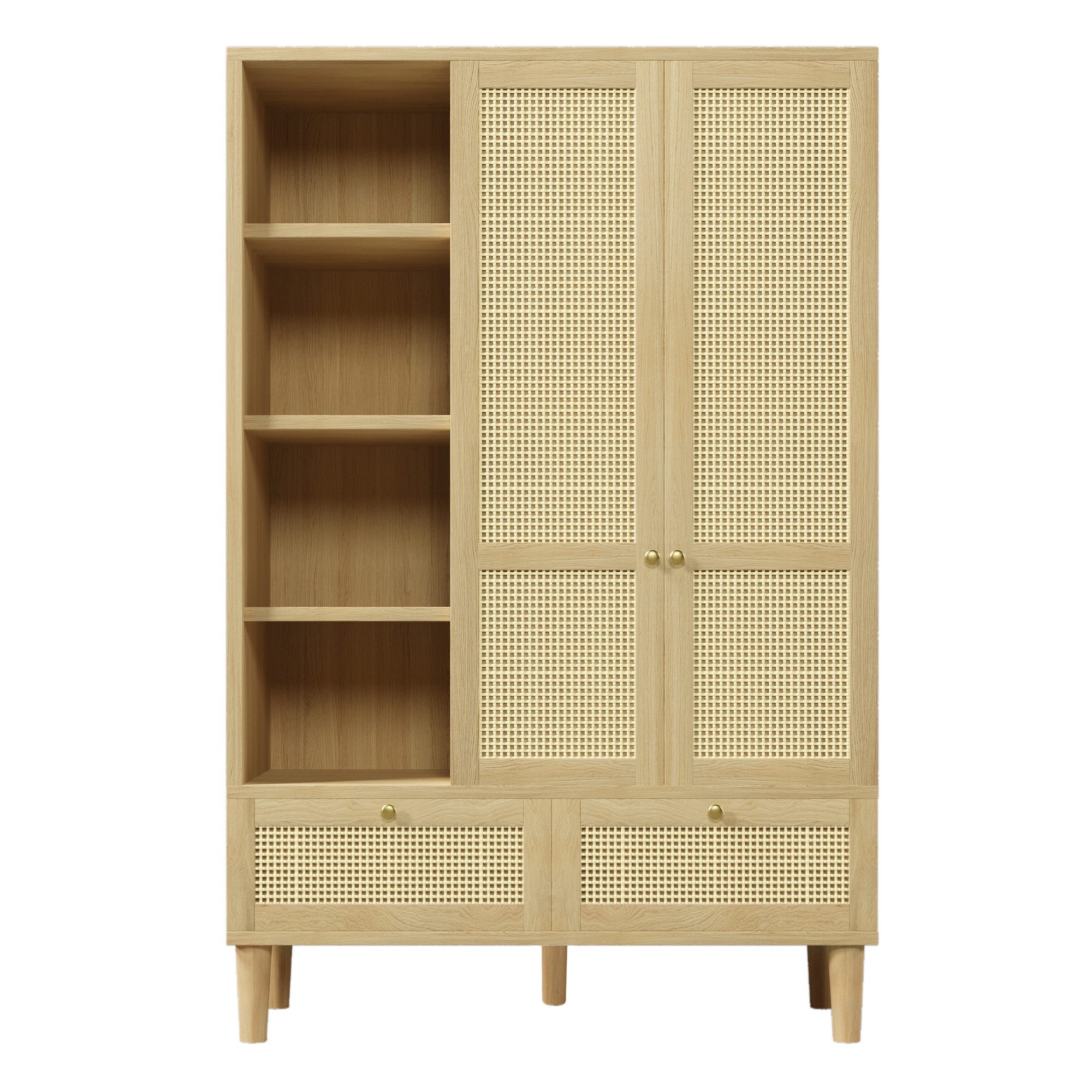 i@home Kleiderschrank Garderobenschränke Landhausstil Rattan (mit 2 Türen, Kleiderstange, 4 offene Regale, 2 Schubladen, 1-St., 180×120×50 cm Eiche) Schlafzimmerschrank für Schlafzimmer