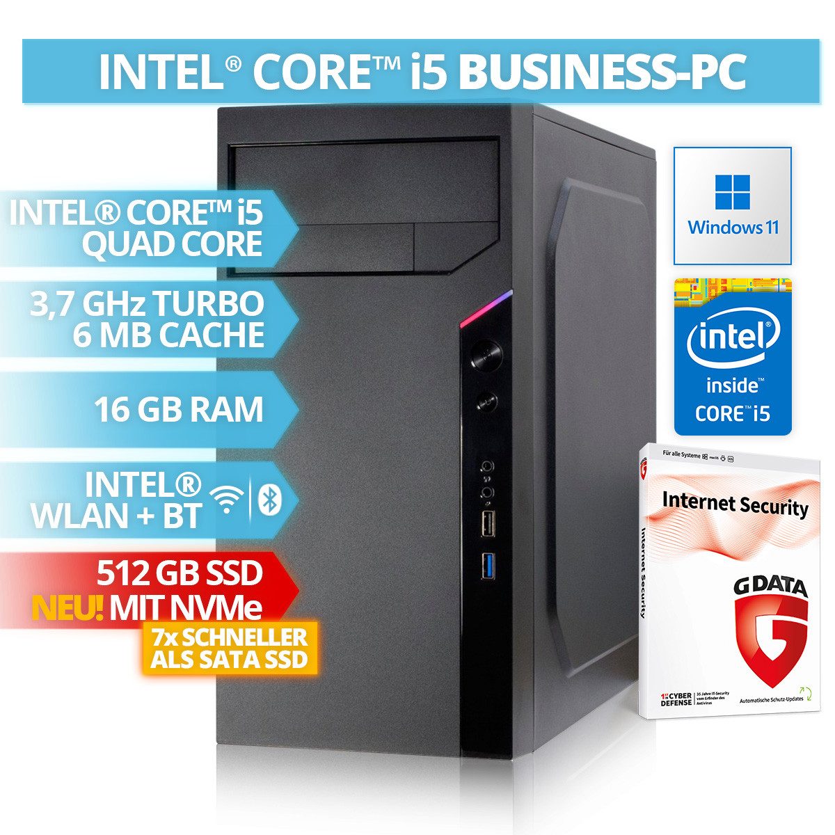 BRAINZAP Office/Business PC Business-PC (Intel Core i5 4590, 16 GB RAM, 512 GB SSD, Luftkühlung, NVMe SSD, Windows 11, G DATA Internet Security)