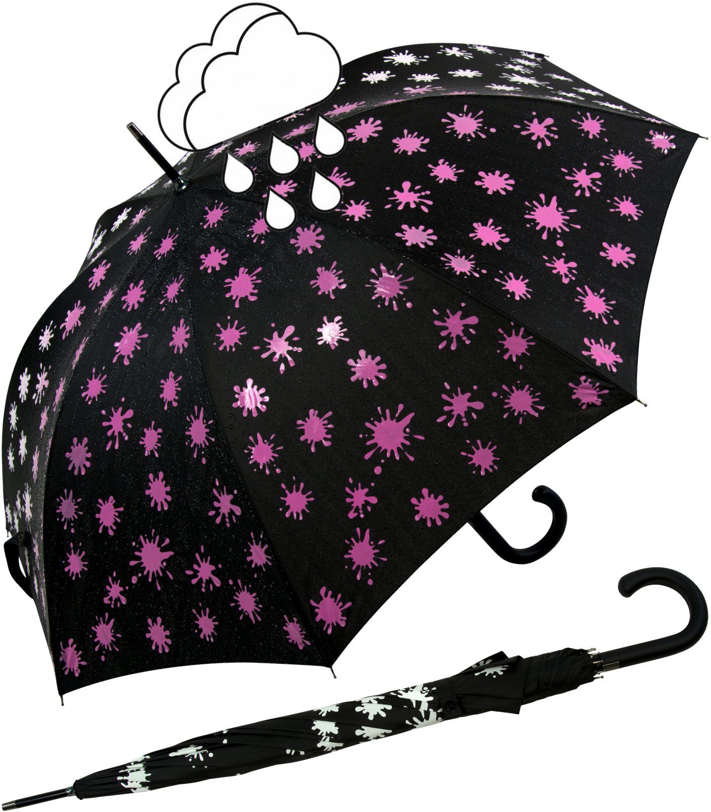 mit iX-brella und neon-pink Print, schwarz-weiß-neonpink Nässe bei - Wet Automatik Langregenschirm Farbkleckse Damenschirm iX-brella Farbänderung