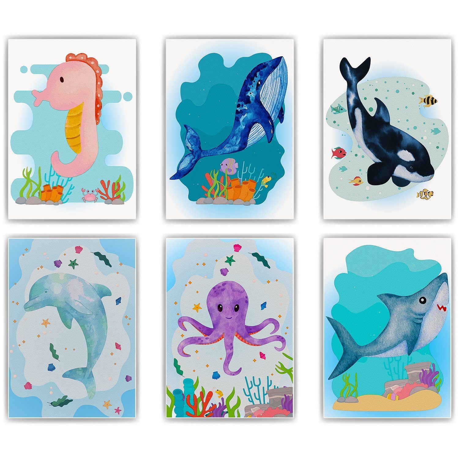 Tigerlino Poster Meerestiere Seepferdchen Wal Delfin 6er Set Kinderzimmer Wandbilder