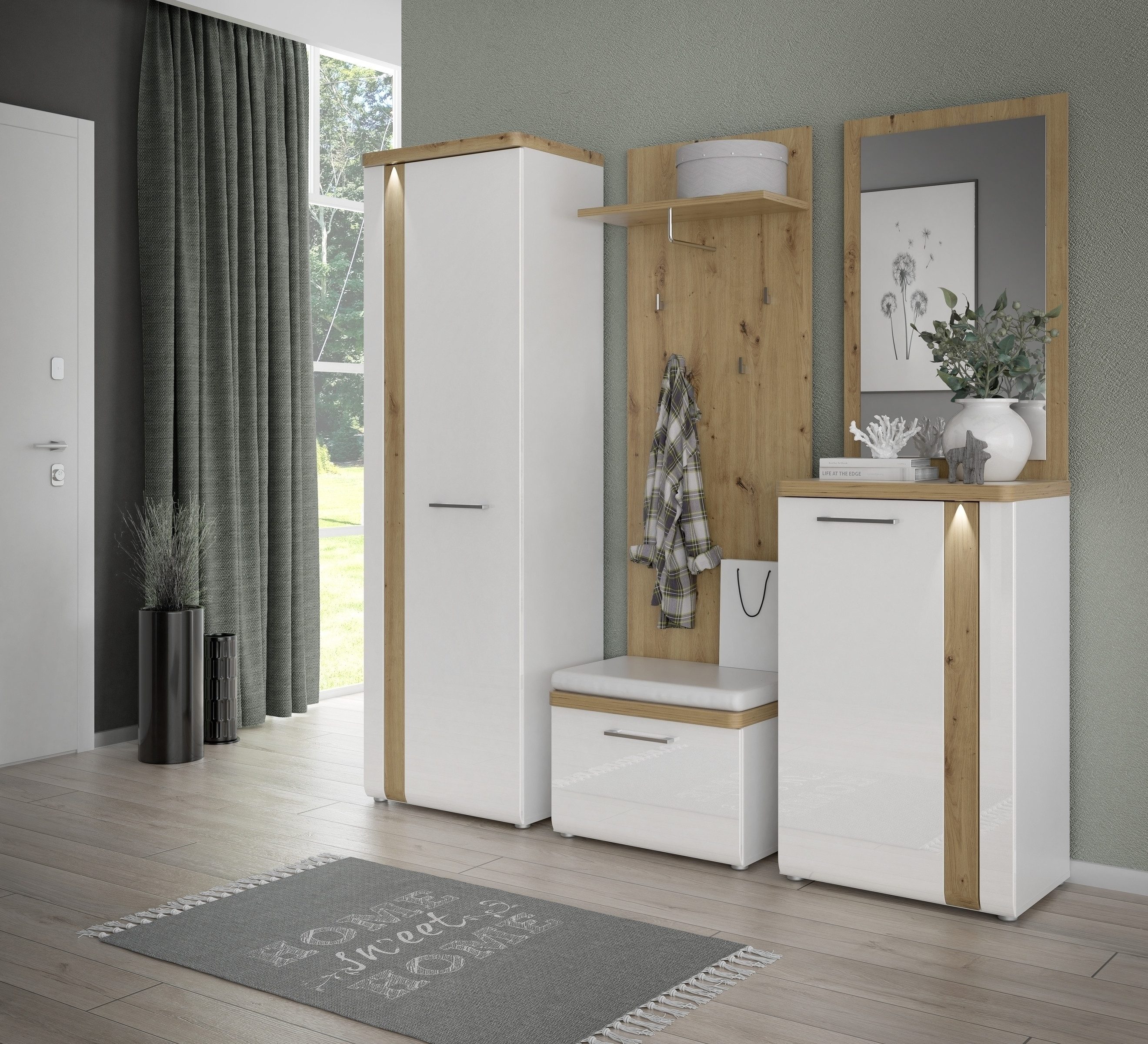 freiraum Garderobenschrank TULUZA LED, 2 Türen, Weiß / Artisan Eiche Dekor günstig online kaufen