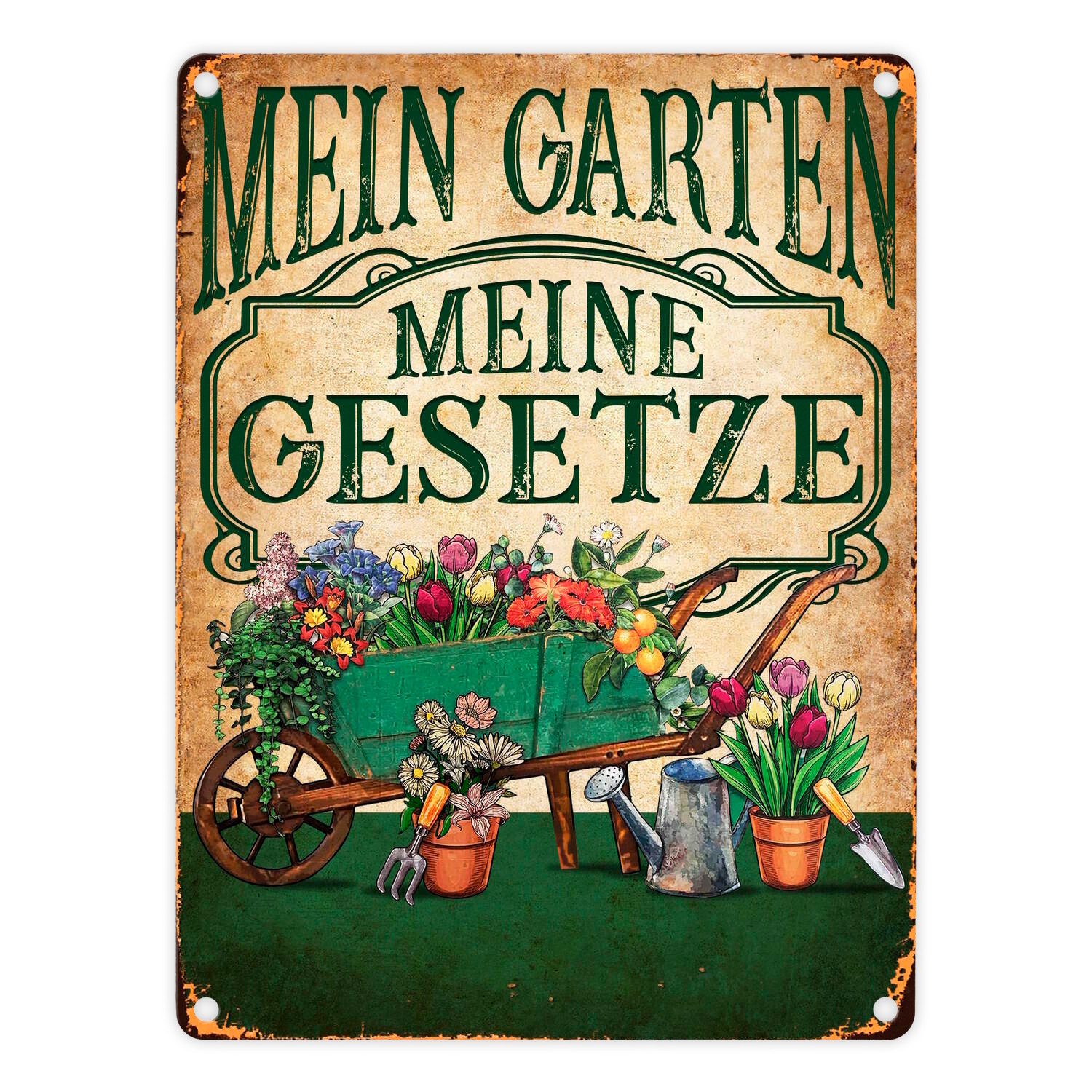 speecheese Metallschild Mein Garten Meine Gesetze Metallschild in 15x20 cm mit Blumenwagen
