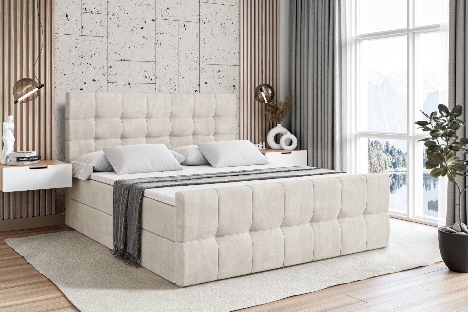 ALTDECOR Boxbett BERO-Z (mit Matratze Lattenrost Topper Polsterbett mit Bettkasten Doppelbett), H4 Multipocket / H3 Bonellfederung, Springboxbett Boxspringbett