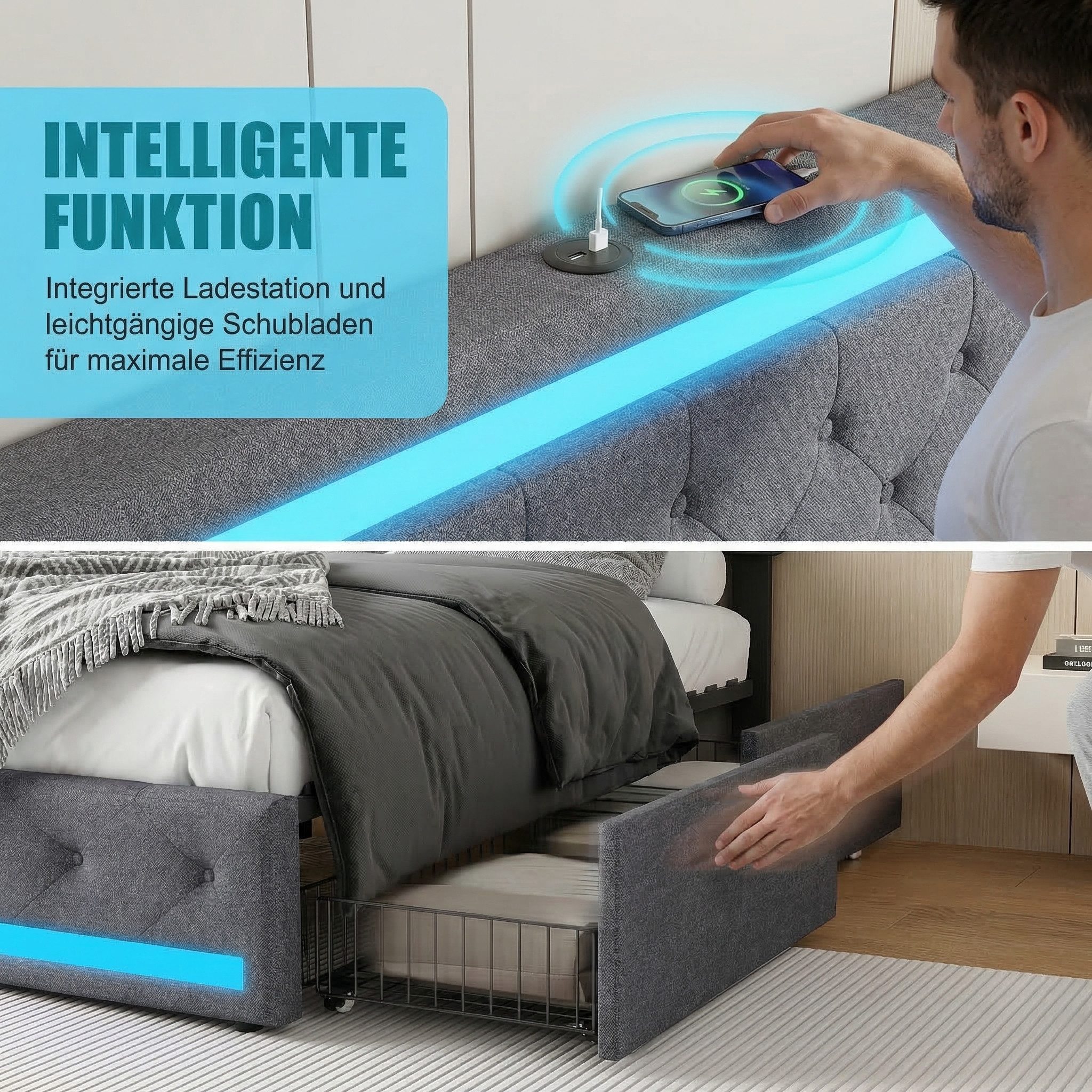 Furnishings Home Polsterbett LED Doppelbett 140x200cm, Stauraumbett mit Kopfteil und 4 Schubladen (Leinenmaterial Polsterbett mit RGB Beleuchtung), mit Lattenrost und Ladefunktion, mit Komforthöhe, Leises Design Bett