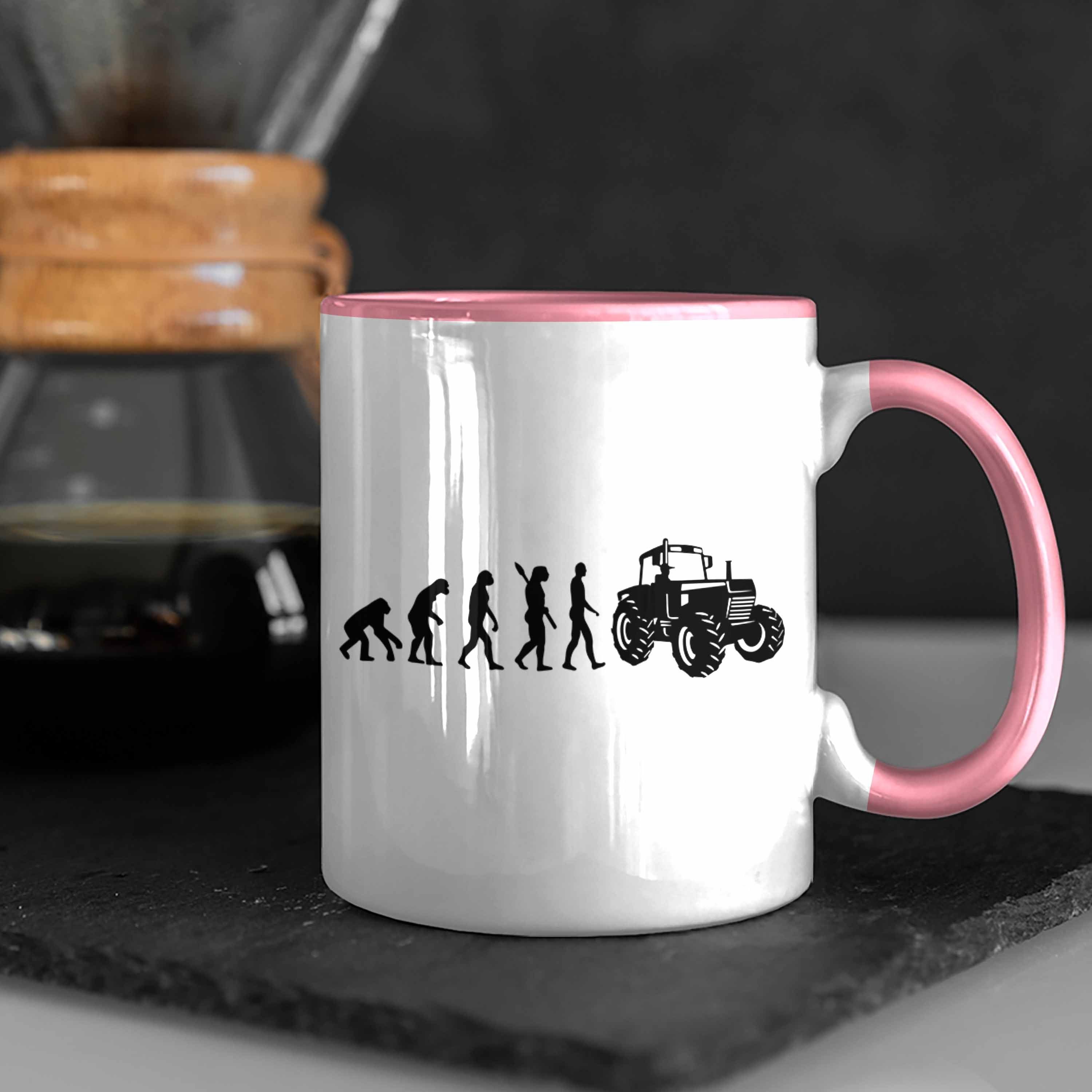 Trendation Tasse Lustige Tasse Rosa Geschenk Traktor für Geschenkidee Evolution Landwirte