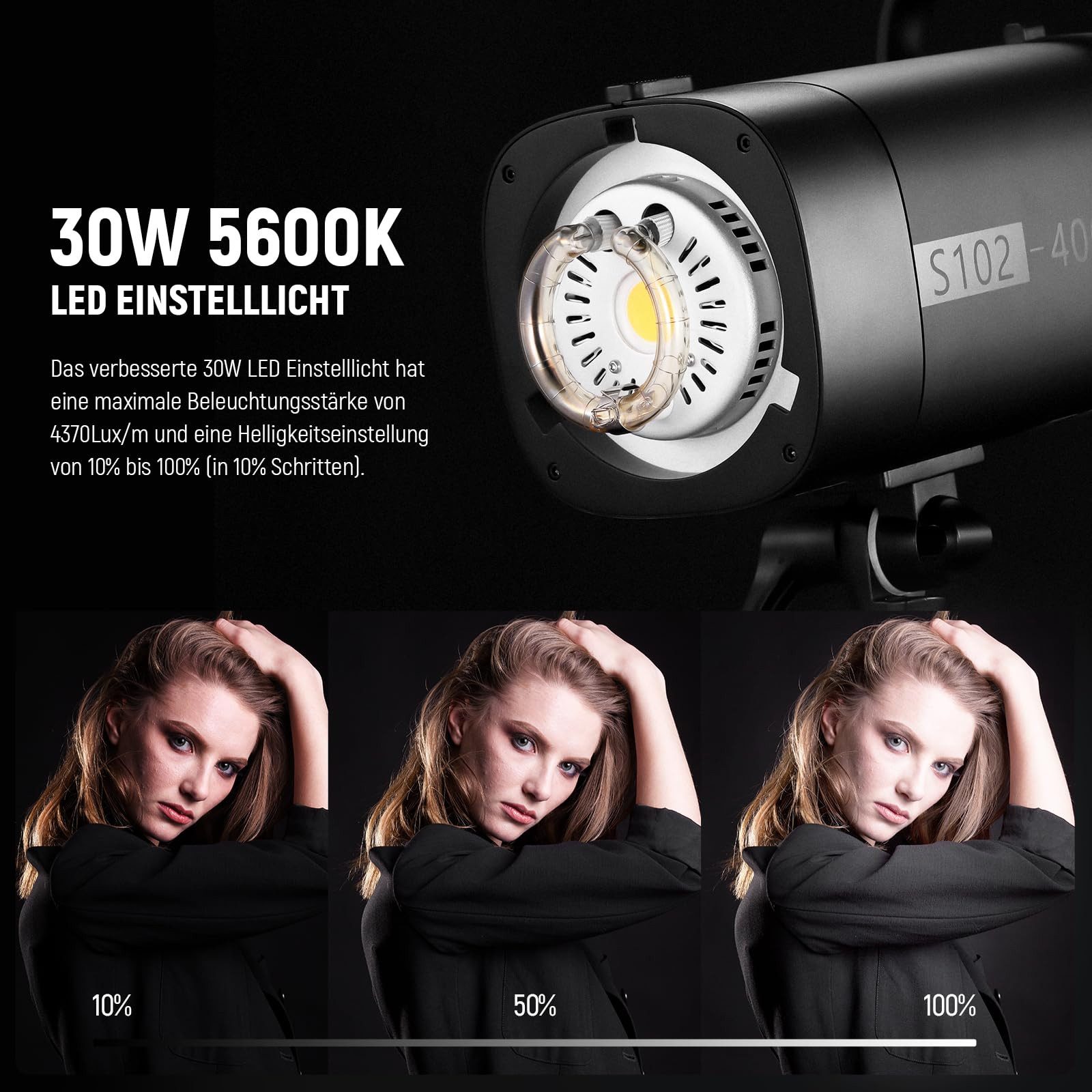 Neewer S102-400W PRO Stroboskop Blitzlicht, mit 2,4G Auslöser, 400Ws GN62 Studio-Blitzgerät, (5600K, Bowens Mount Reflektor, Unterstützt QPRO, S1/S2 Modus)