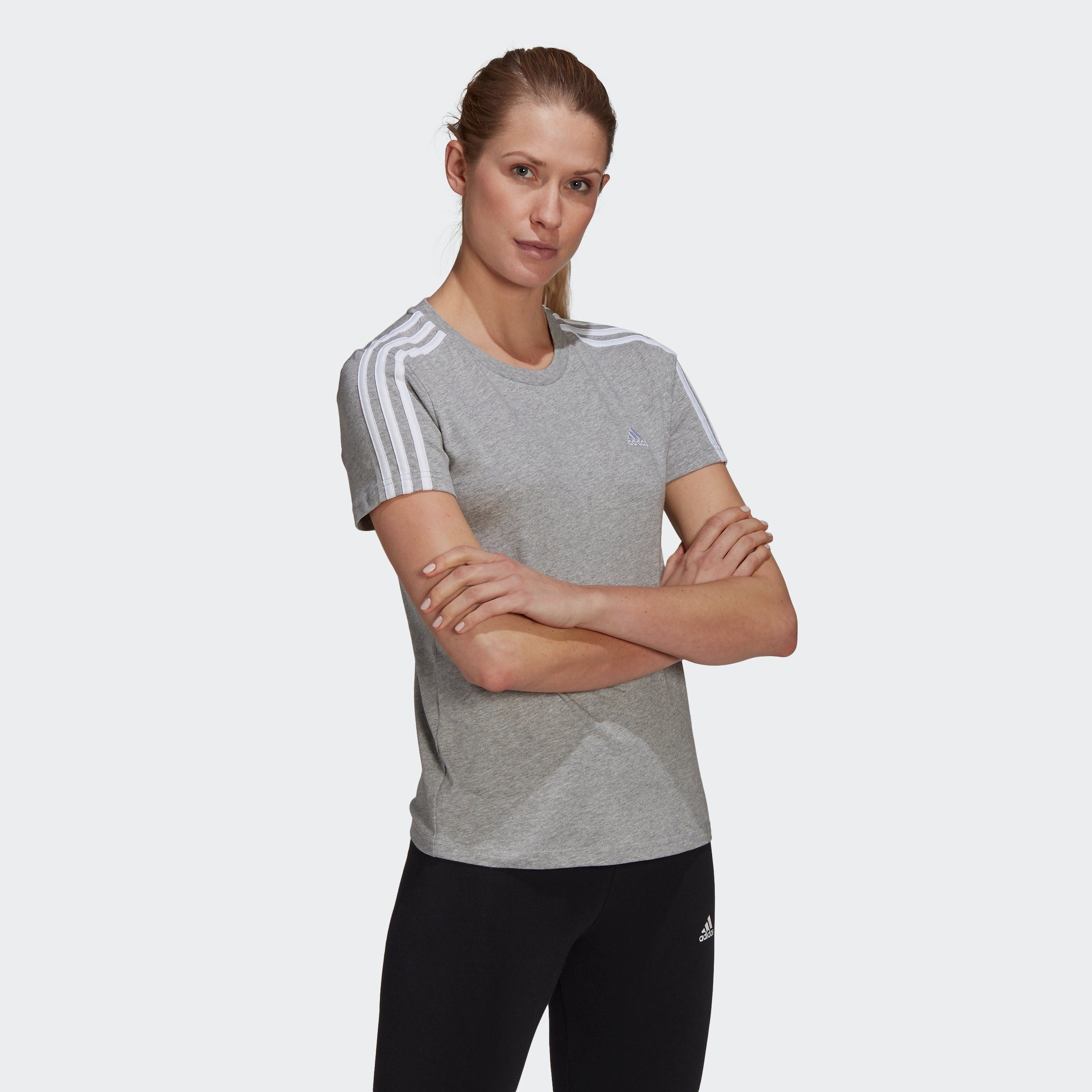 LOUNGEWEAR 3-STREIFEN / ESSENTIALS Sportswear SLIM Grey Heather Medium T-Shirt White adidas