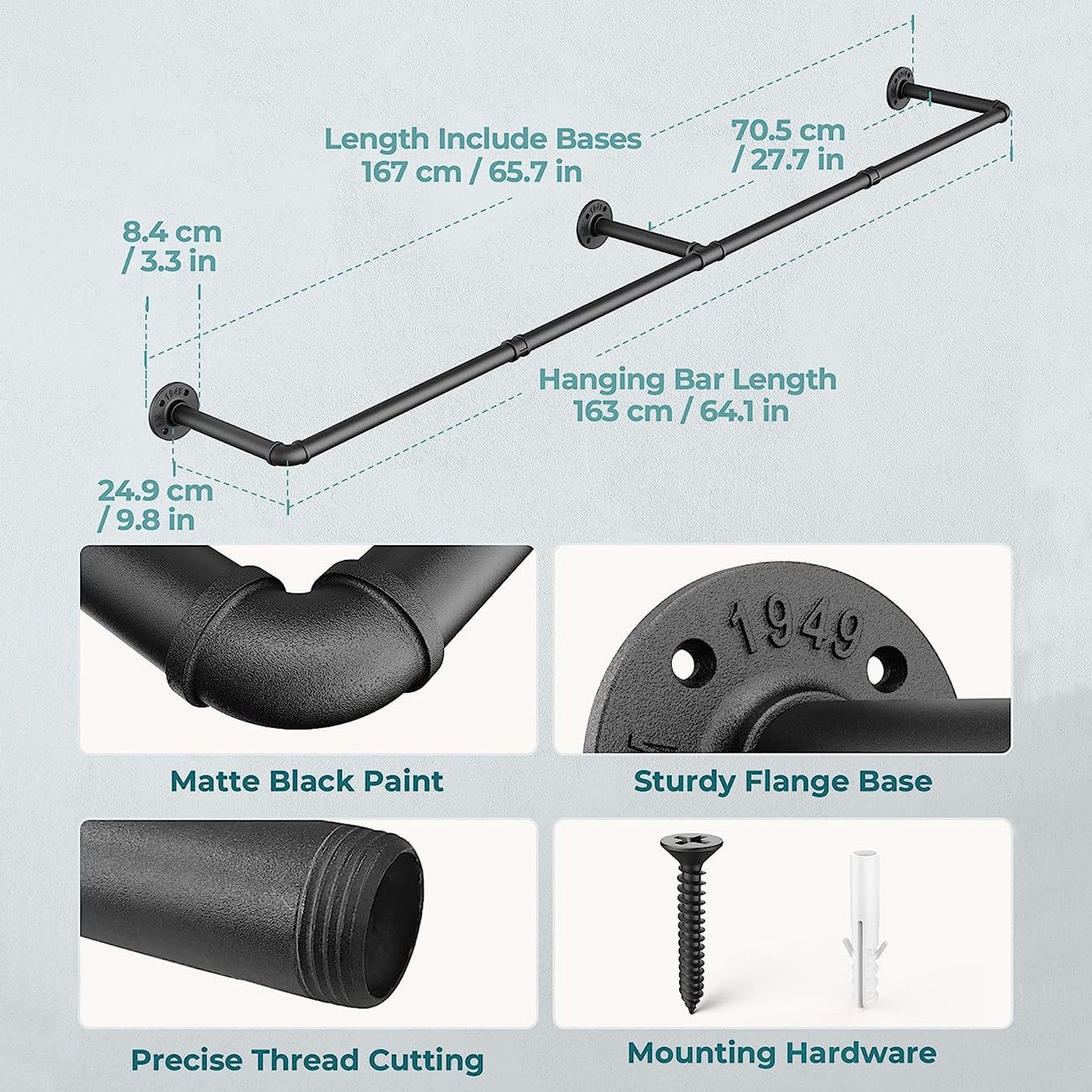 TUWENA Kleiderständer Rohr Kleiderstange, Wandmontage Abnehmbare Retro Metall Robuste, zum Aufhängen von Kleidung, für Schlafzimmer Aufbewahrung