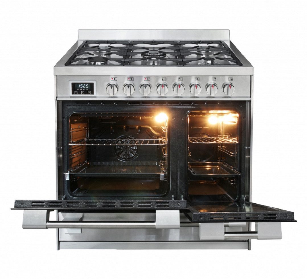 Kaiser Küchengeräte Gasherd-Set Gas Elektro 90 cm, Edelstahl, Inox, Range Coocker+Dunstabzugshaube 90 cm HGE 93201 R+AT 9455 N ECO., mit 1-fach-Teleskopauszug