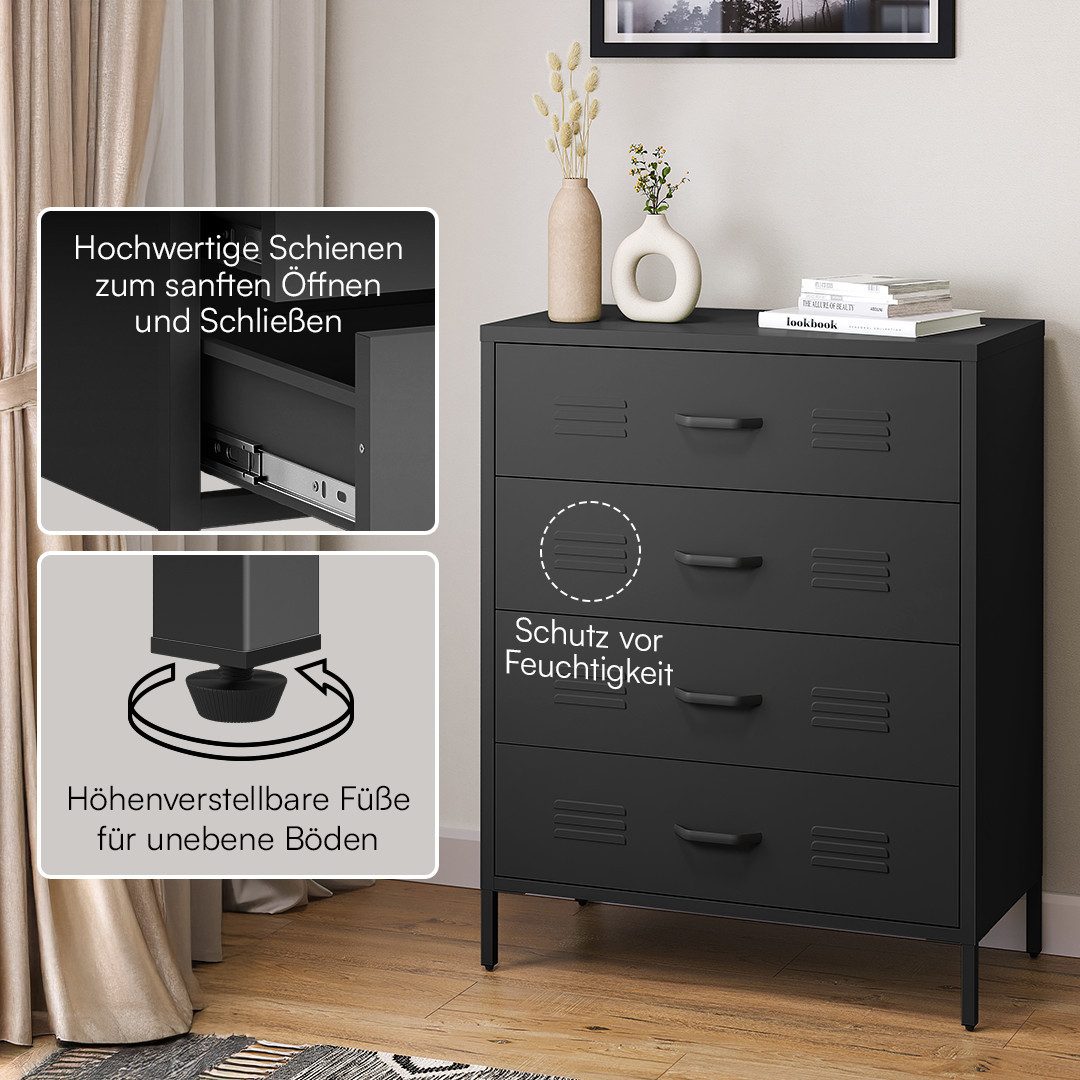 skølm Kommode Atria aus Metall (Schwarz), Sideboard mit 4 Schubladen, Metallschrank mit höhenverstellbaren Füßen