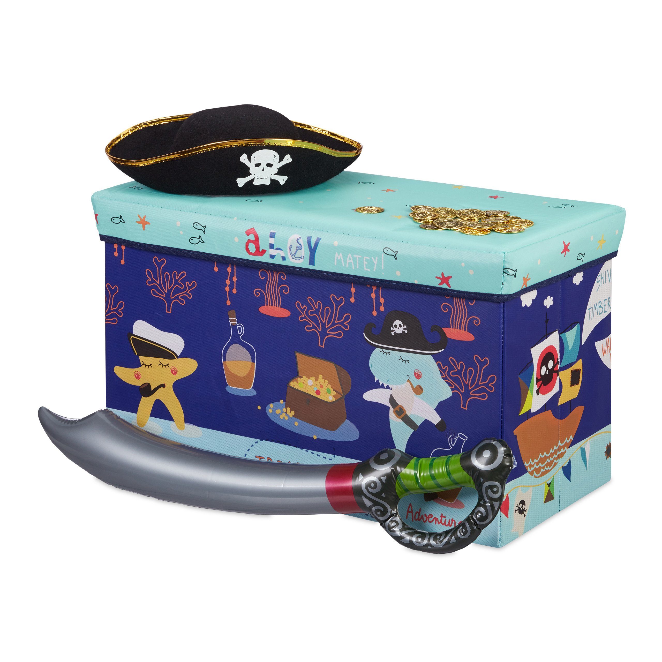 Dunkelblau Hellblau Treasure Sitzhocker Kinder, relaxdays Sitzbox für Hunt Gelb