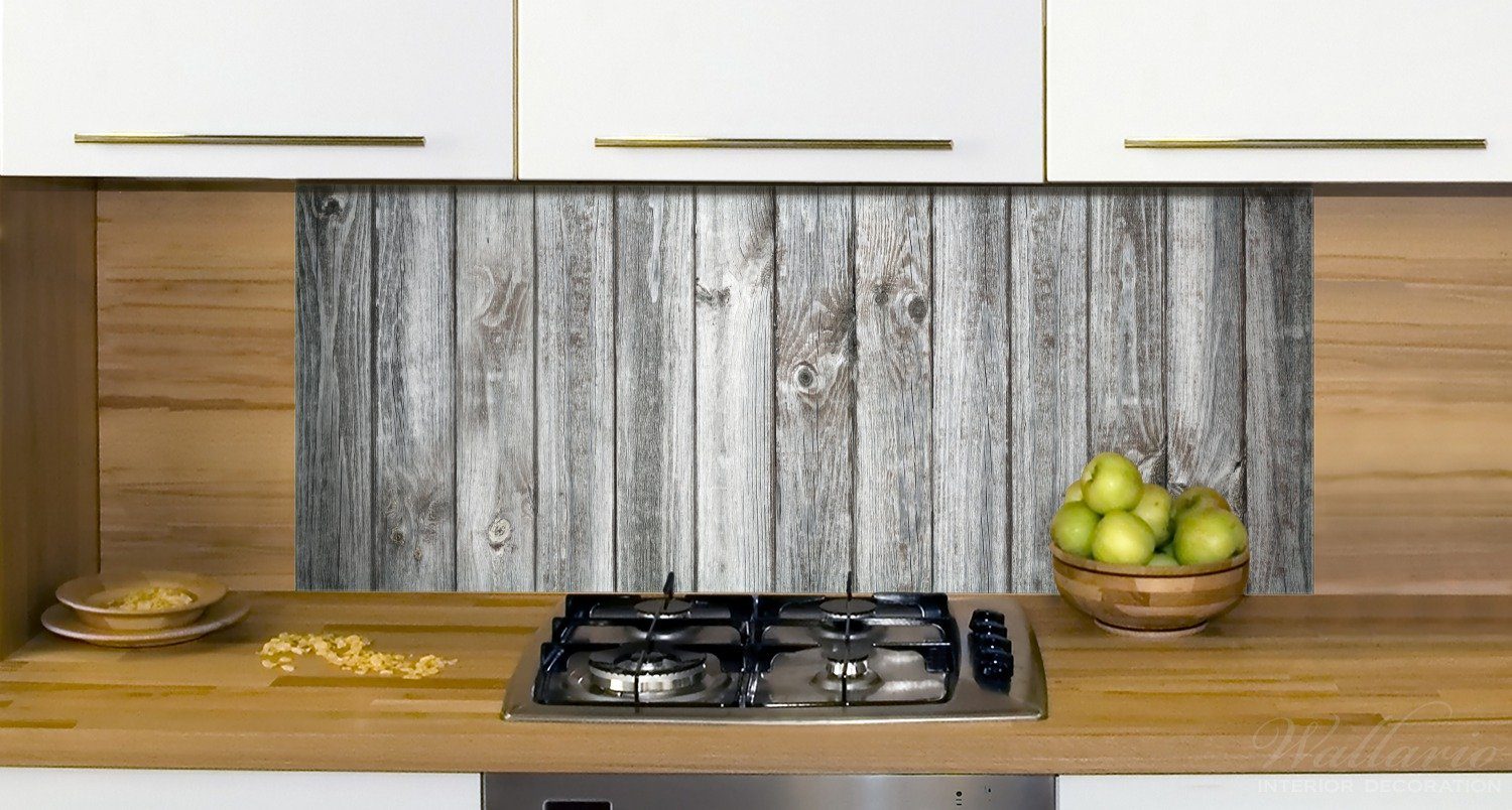 Textur Paneele Dielen hellgraues mit Küchenrückwand Holz Asteinschlüssen, Holz-Optik Wallario (1-tlg)