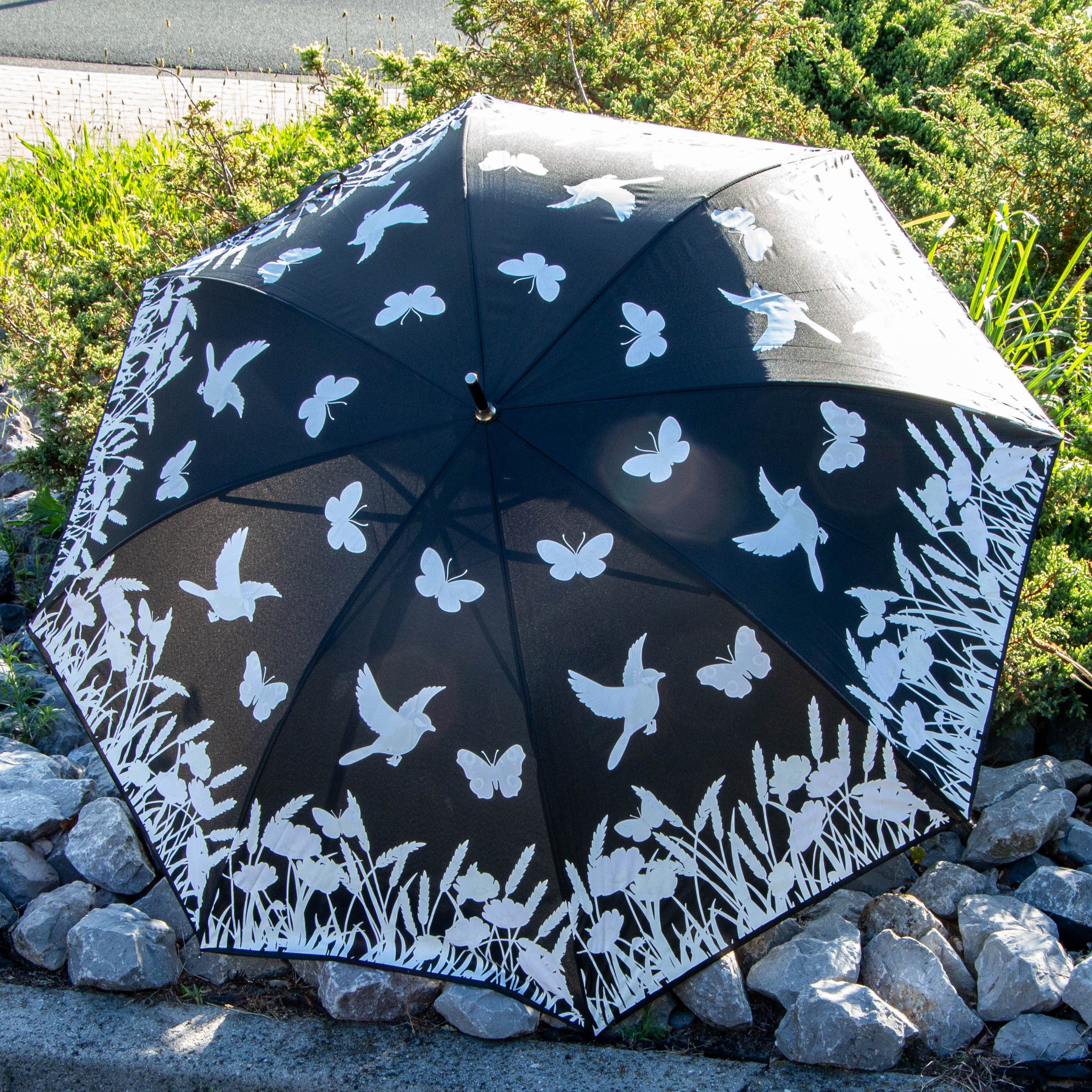 Antikas Windspiel Regenschirm mit Vögel, Farbverändernd im Regen, Stockschirm