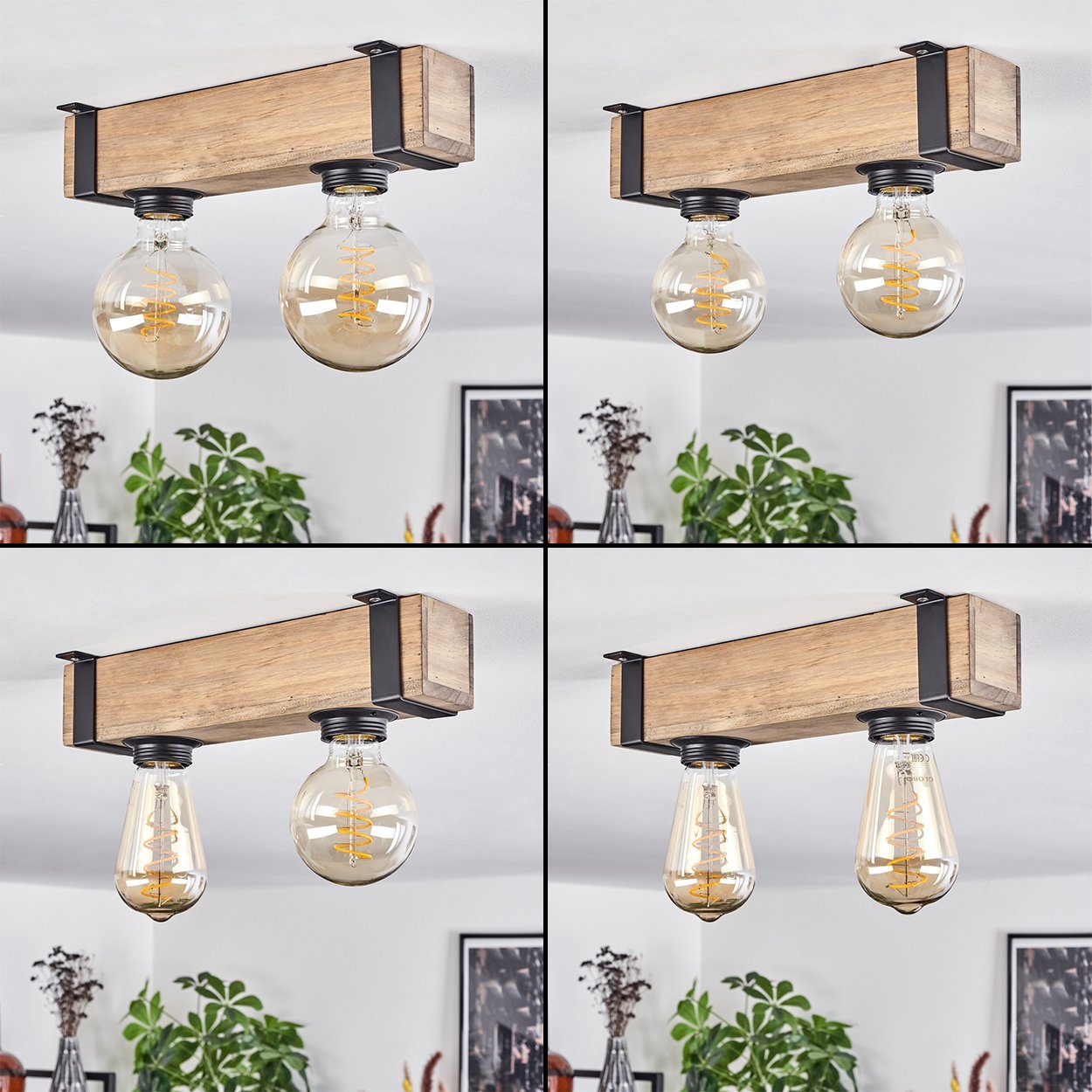 hofstein Deckenleuchte moderne Deckenlampe aus Metall /Holz in Schwarz/Natur, ohne Leuchtmittel, im Industrial-Style, Retro/Vintage-mit Holzbalken, 2x E27-Fassung.