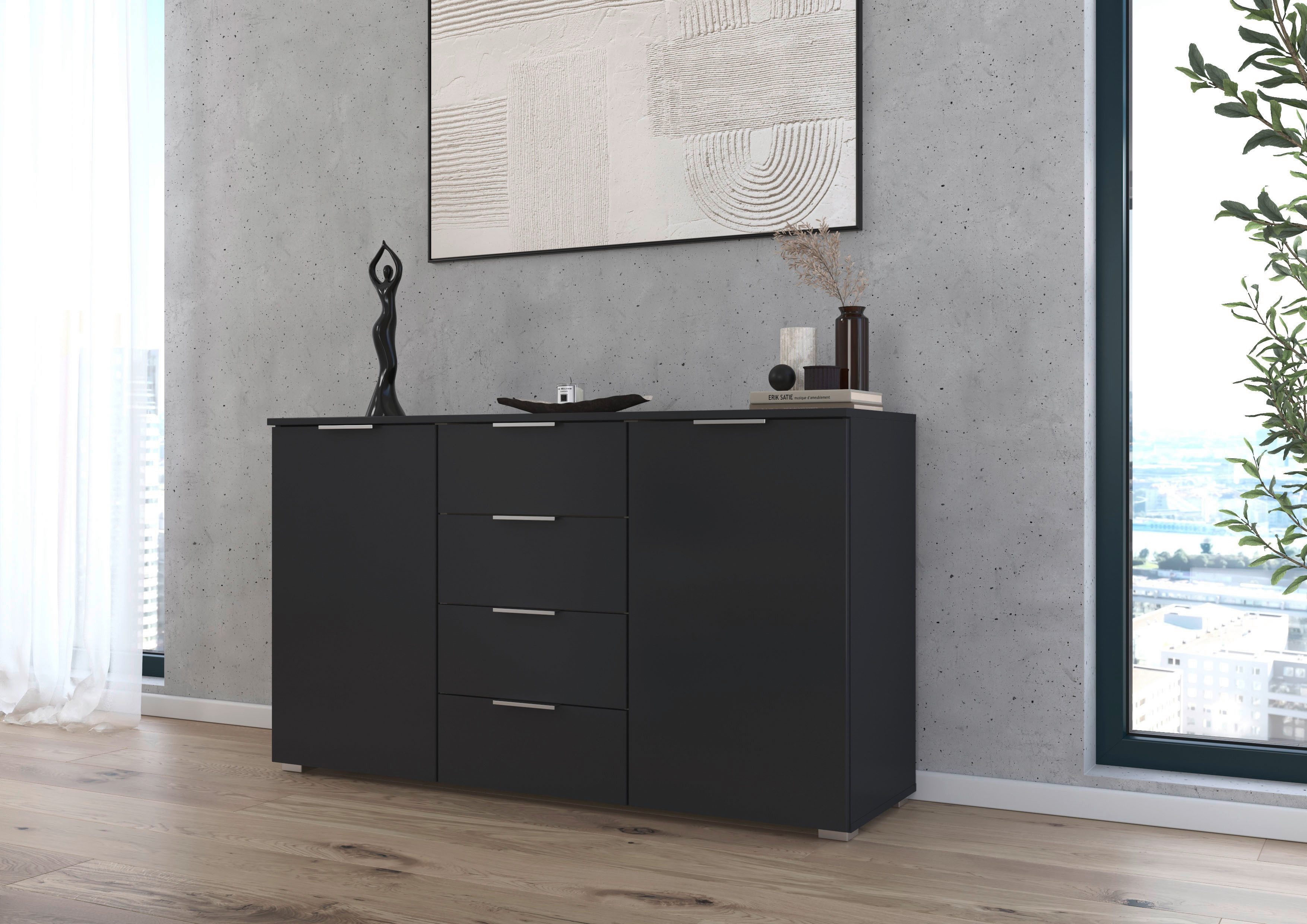 OTTO home Kombikommode Sideboard Schubladenkommode AGORDO mit Dekor- oder Hochglanzfront (in zwei Griff-Farben, Breite 120 cm), vier große Schubladen, mit insgesamt 4 Einlegeböden MADE IN GERMANY