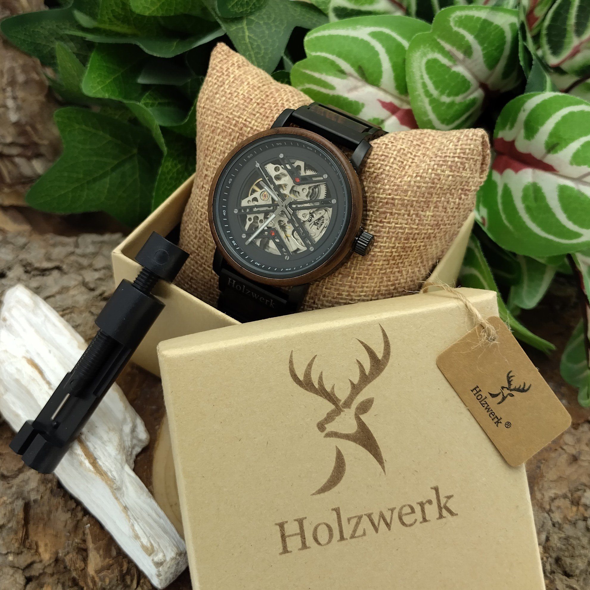 Automatikuhr schwarz, Herren Holz & Holzwerk Armband braun Edelstahl CLINGEN matt Uhr,