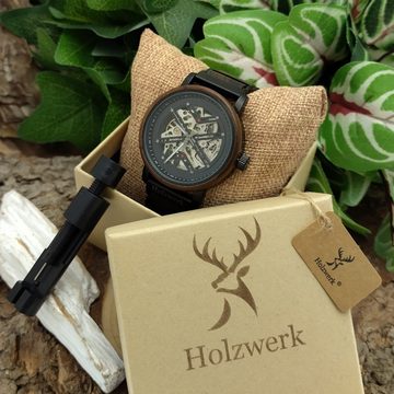 Holzwerk Automatikuhr CLINGEN Herren Edelstahl & Holz Armband Uhr, matt schwarz, braun