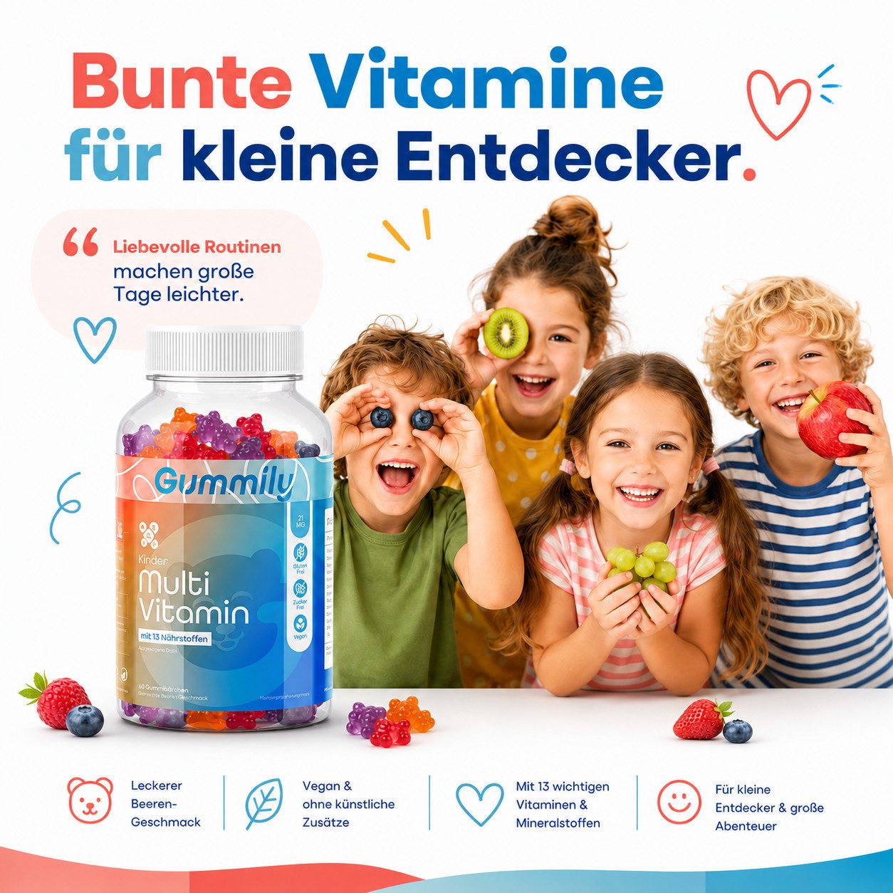 Gummily® Kinder Multivitamin Gummibärchen, 60 St., 2-Monats-Vorrat - Kinder Multi Gummies - Laborgeprüft