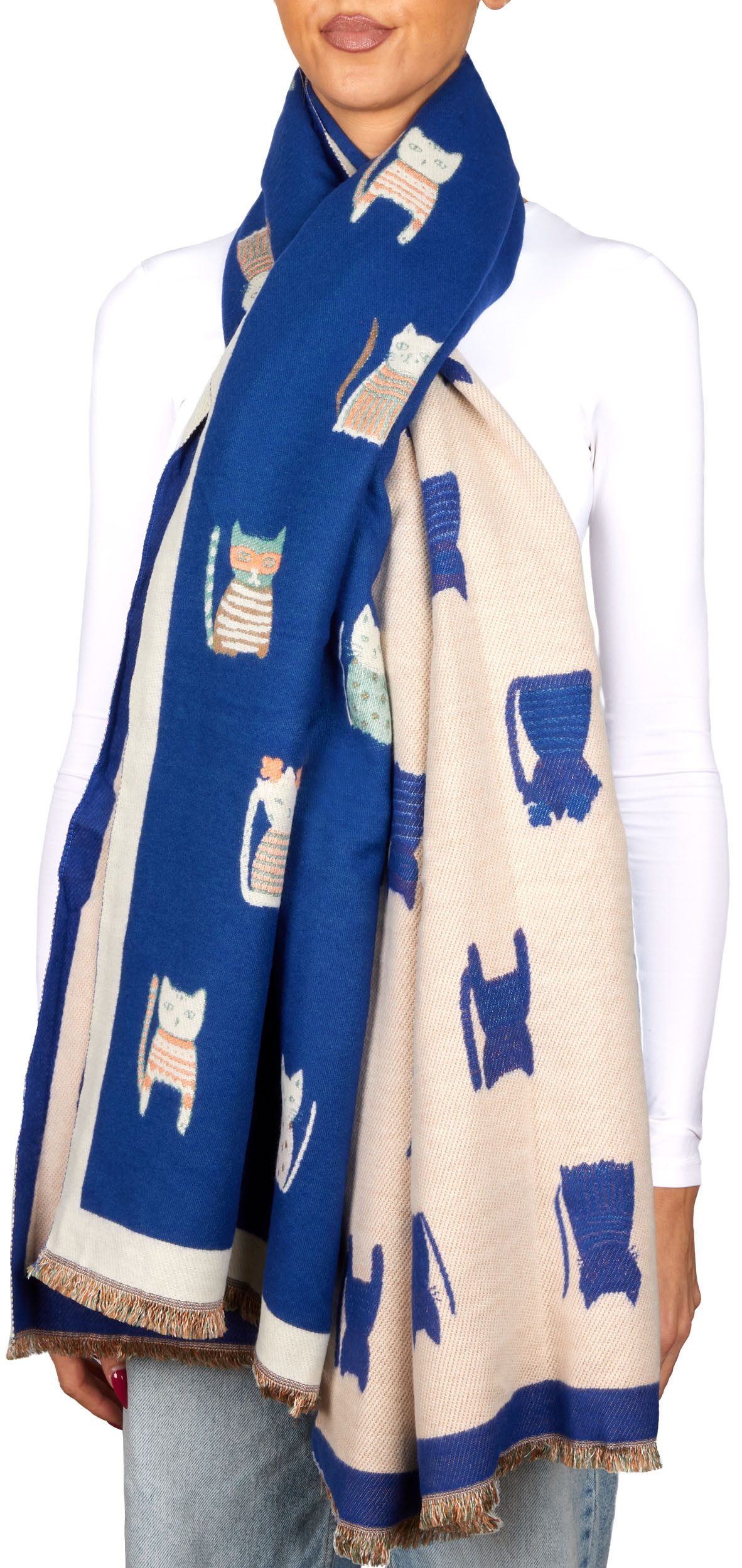 BRUBAKER Schal Cashmirillo Damen Schal mit Katzen Muster - 70 x 200 cm, (Herbstschal Winterschal, 1-St. Weiches Kaschmir-Gefühl), Warm, Kuschelig und Oversized - Damenschal für Herbst und Winter